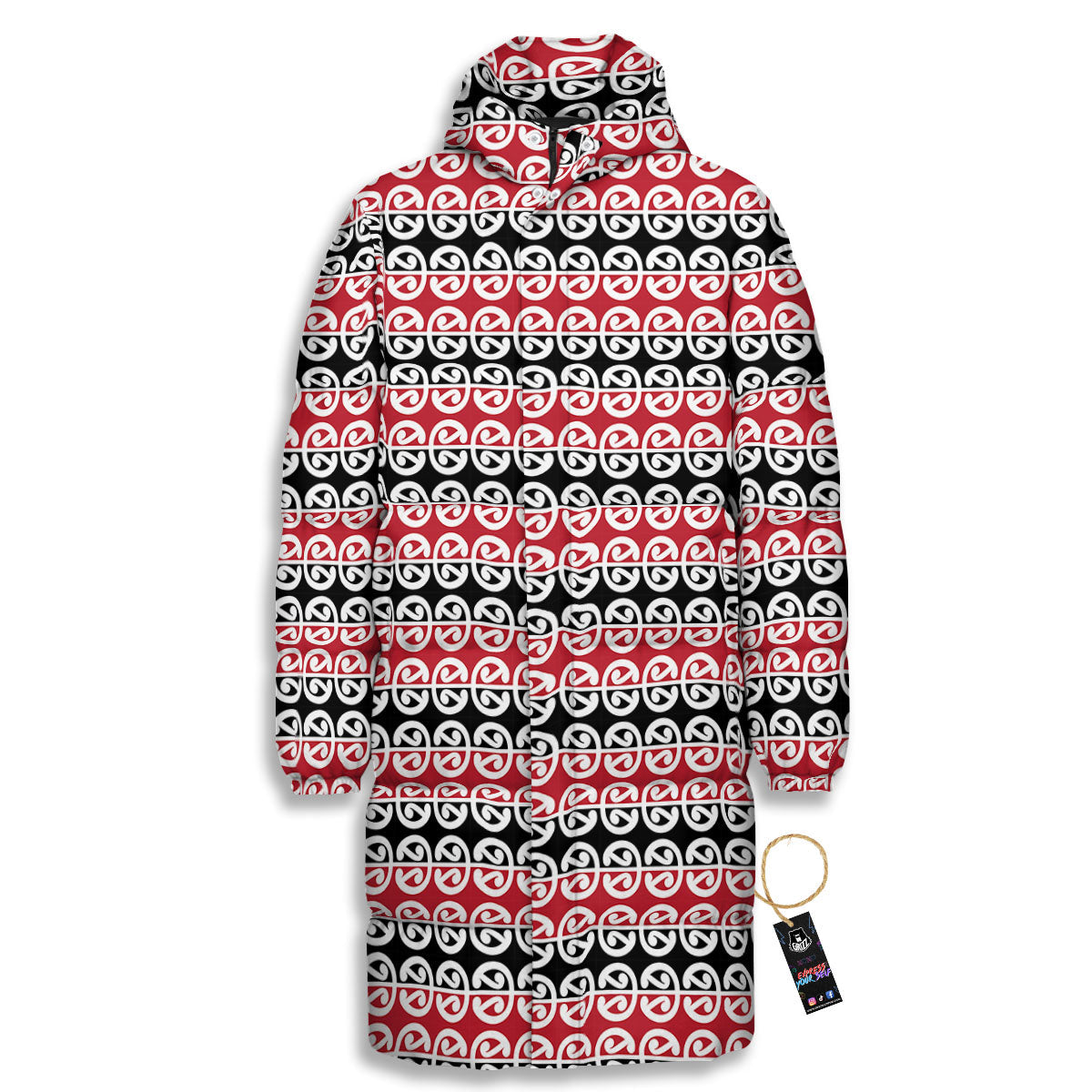 Kowhaiwhai Maori Print Pattern Long Down Jacket-grizzshop