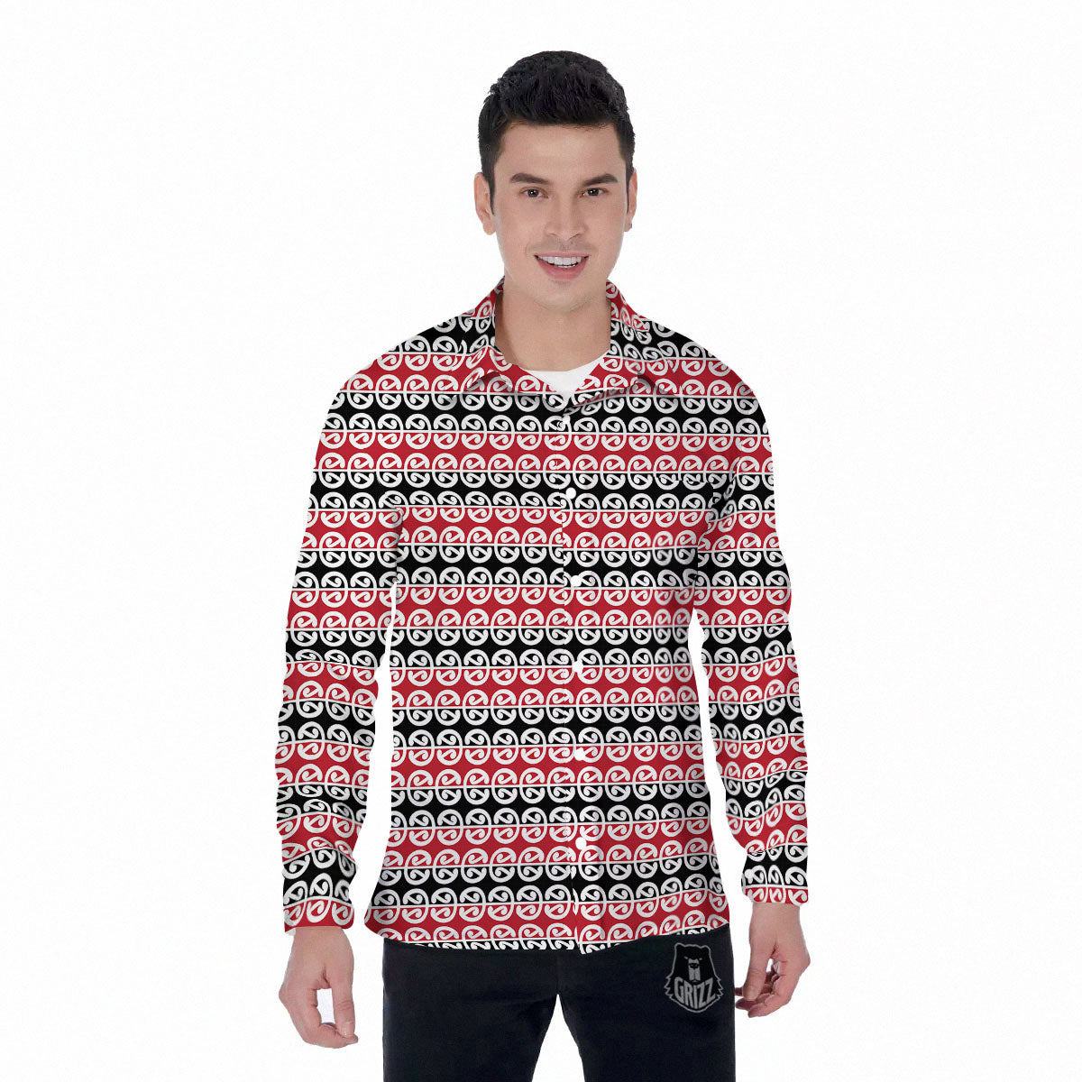 Kowhaiwhai Maori Print Pattern Men's Long Sleeve Shirts-grizzshop