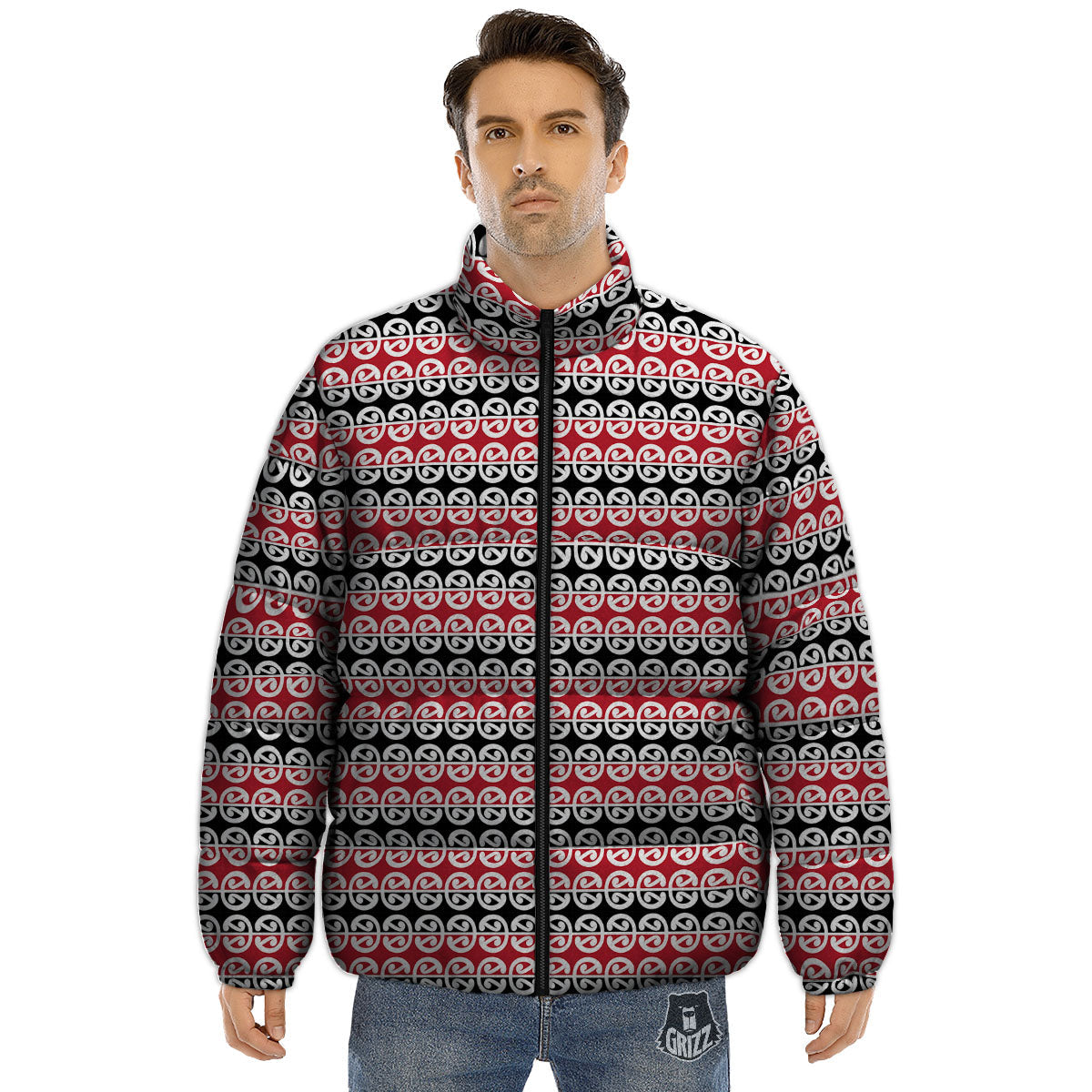 Kowhaiwhai Maori Print Pattern Puffer Jacket-grizzshop
