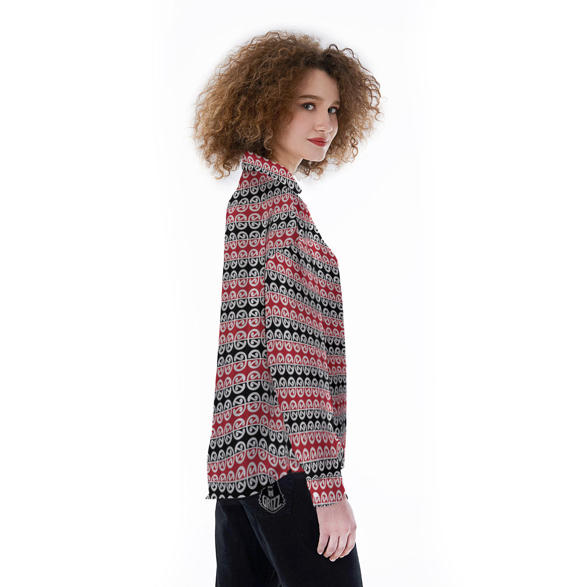 Kowhaiwhai Maori Print Pattern Women's Long Sleeve Shirts-grizzshop