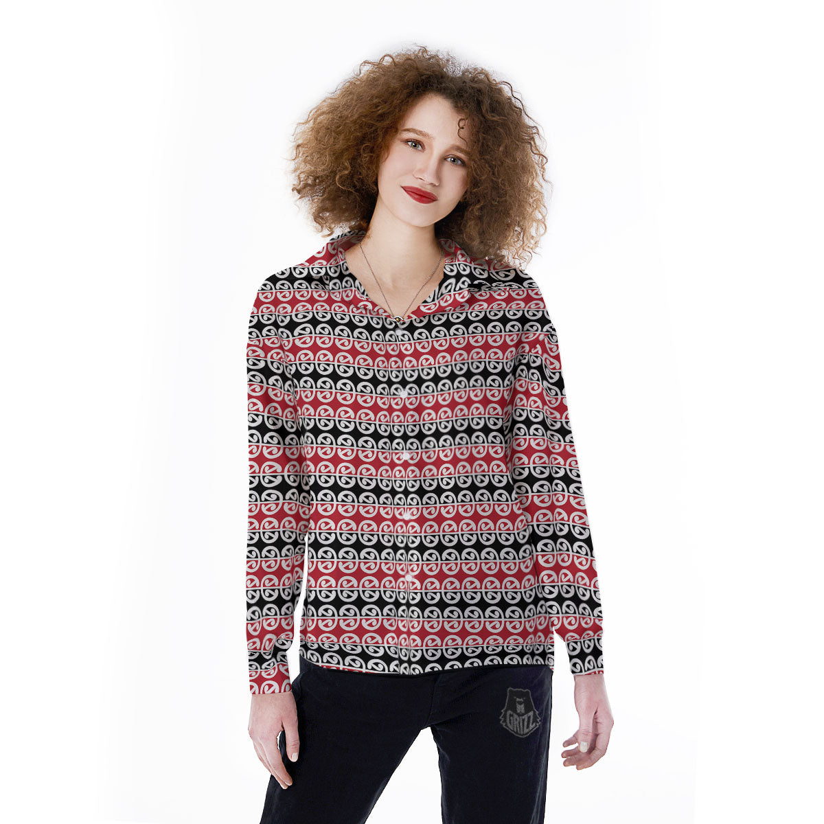Kowhaiwhai Maori Print Pattern Women's Long Sleeve Shirts-grizzshop