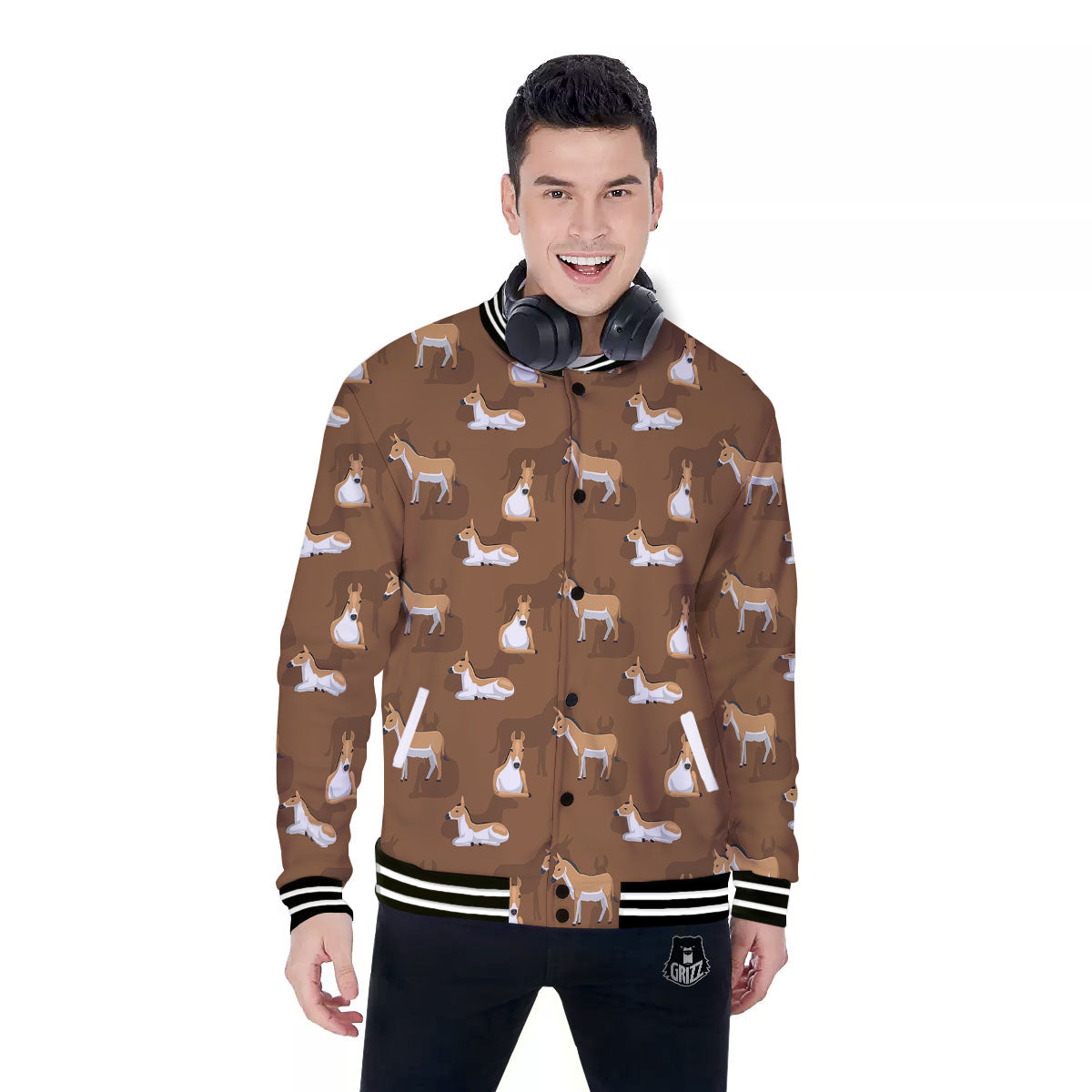 Kulan Donkey Cartoon Print Pattern Baseball Jacket-grizzshop