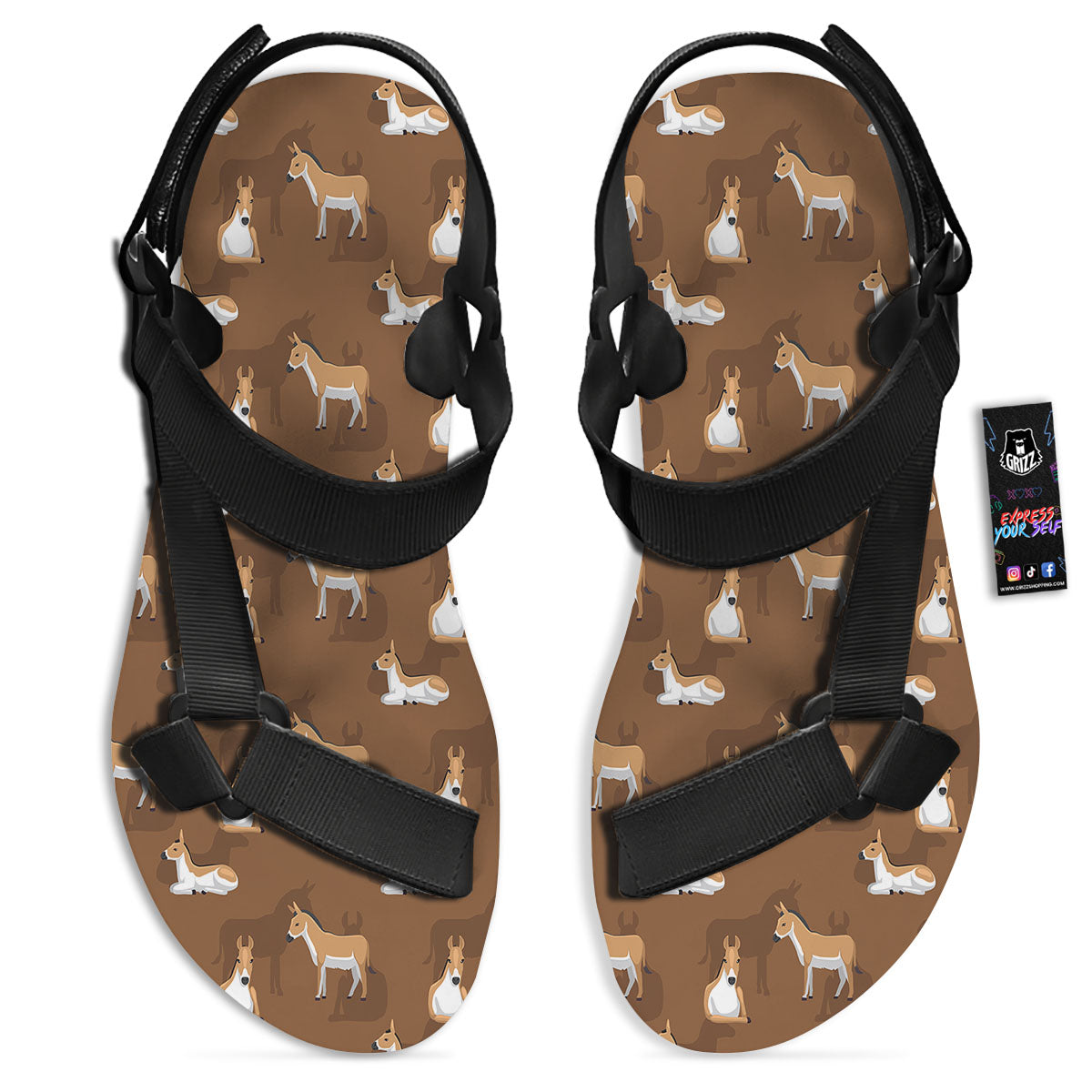 Kulan Donkey Cartoon Print Pattern Black Open Toe Sandals-grizzshop