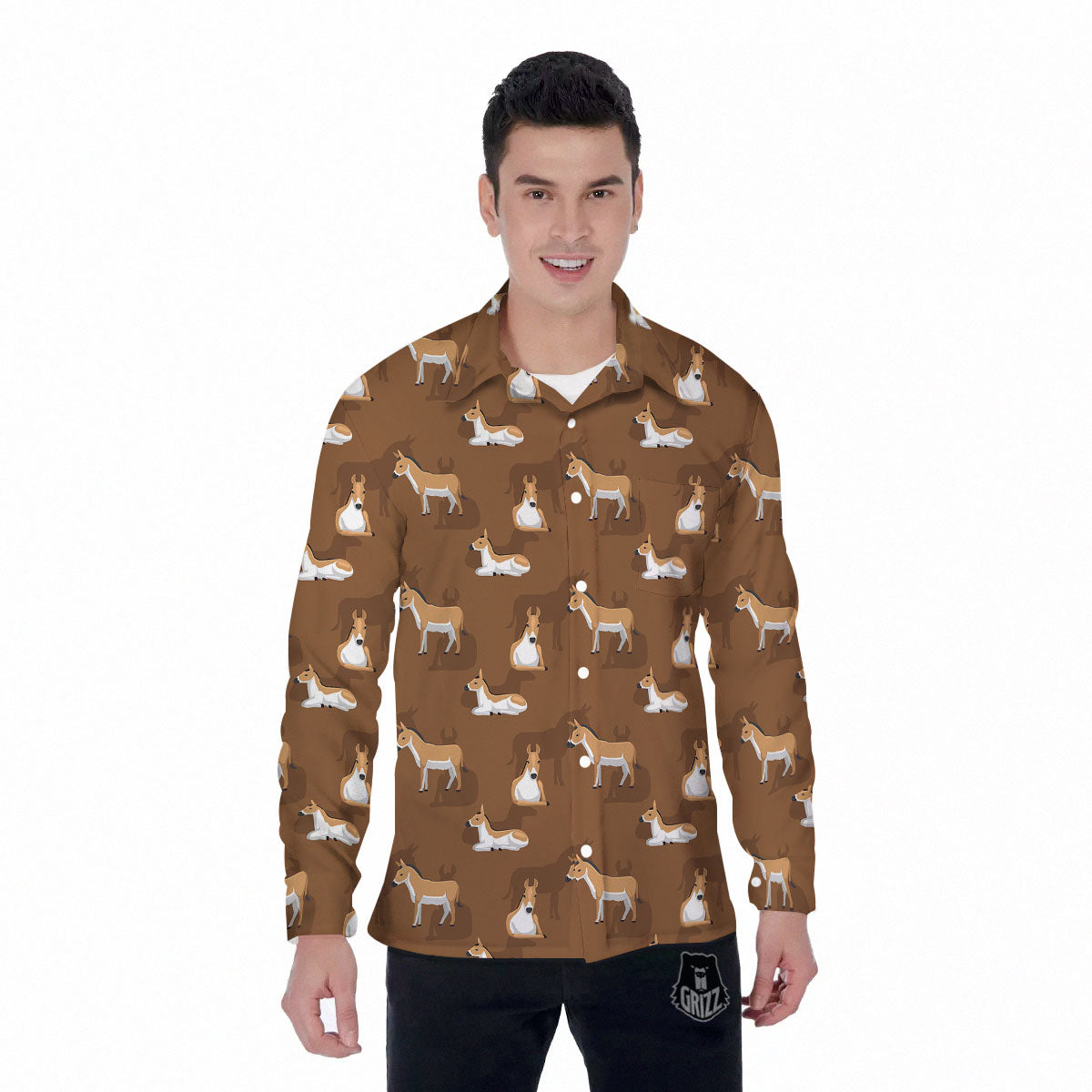 Kulan Donkey Cartoon Print Pattern Men's Long Sleeve Shirts-grizzshop