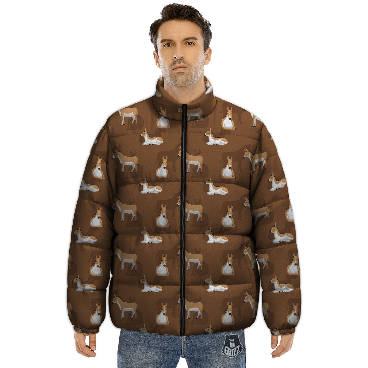 Kulan Donkey Cartoon Print Pattern Puffer Jacket-grizzshop