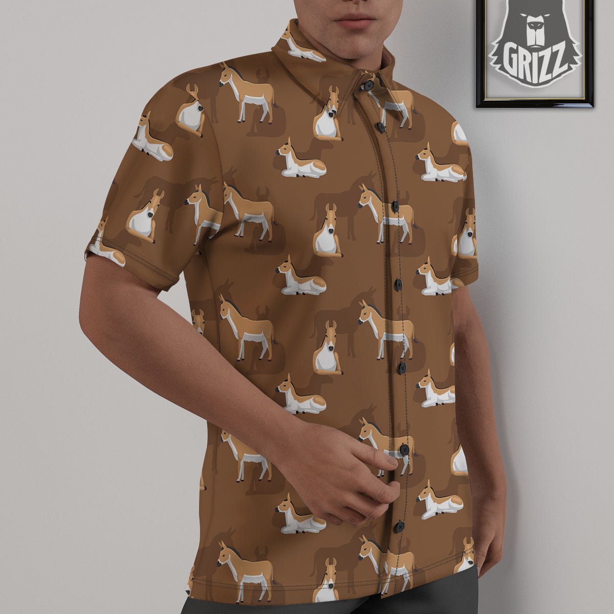 Kulan Donkey Cartoon Print Pattern Untucked Shirts-grizzshop