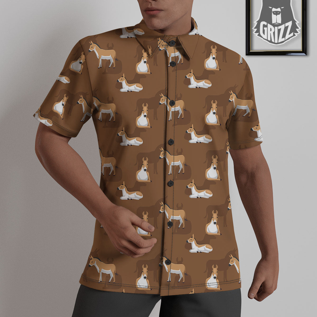 Kulan Donkey Cartoon Print Pattern Untucked Shirts-grizzshop