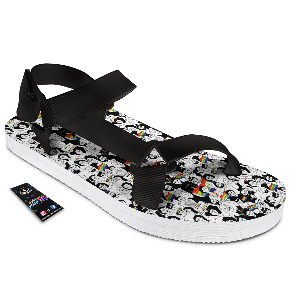 LGBT Doodle Pride Parade Print Pattern Black Open Toe Sandals-grizzshop