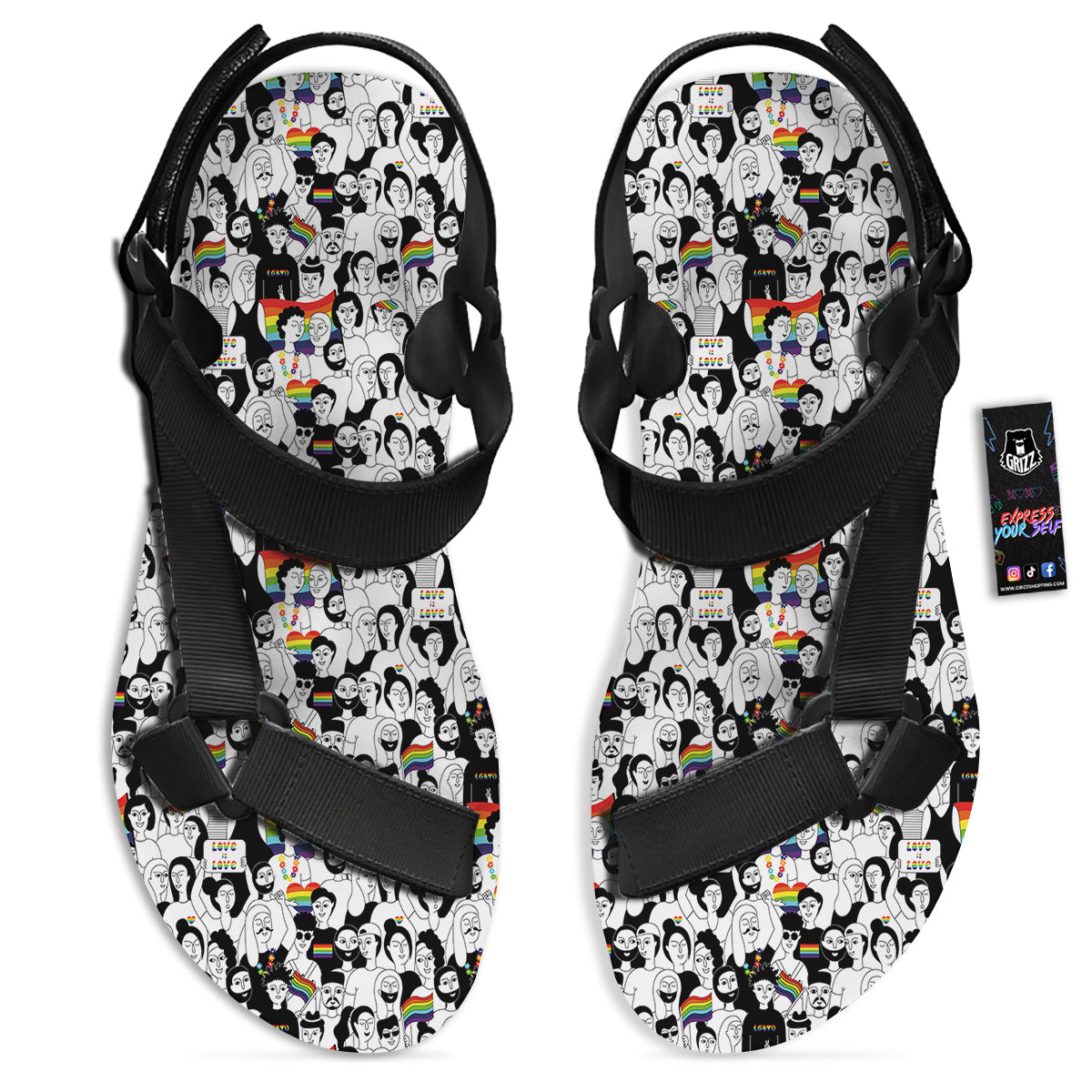 LGBT Doodle Pride Parade Print Pattern Black Open Toe Sandals-grizzshop