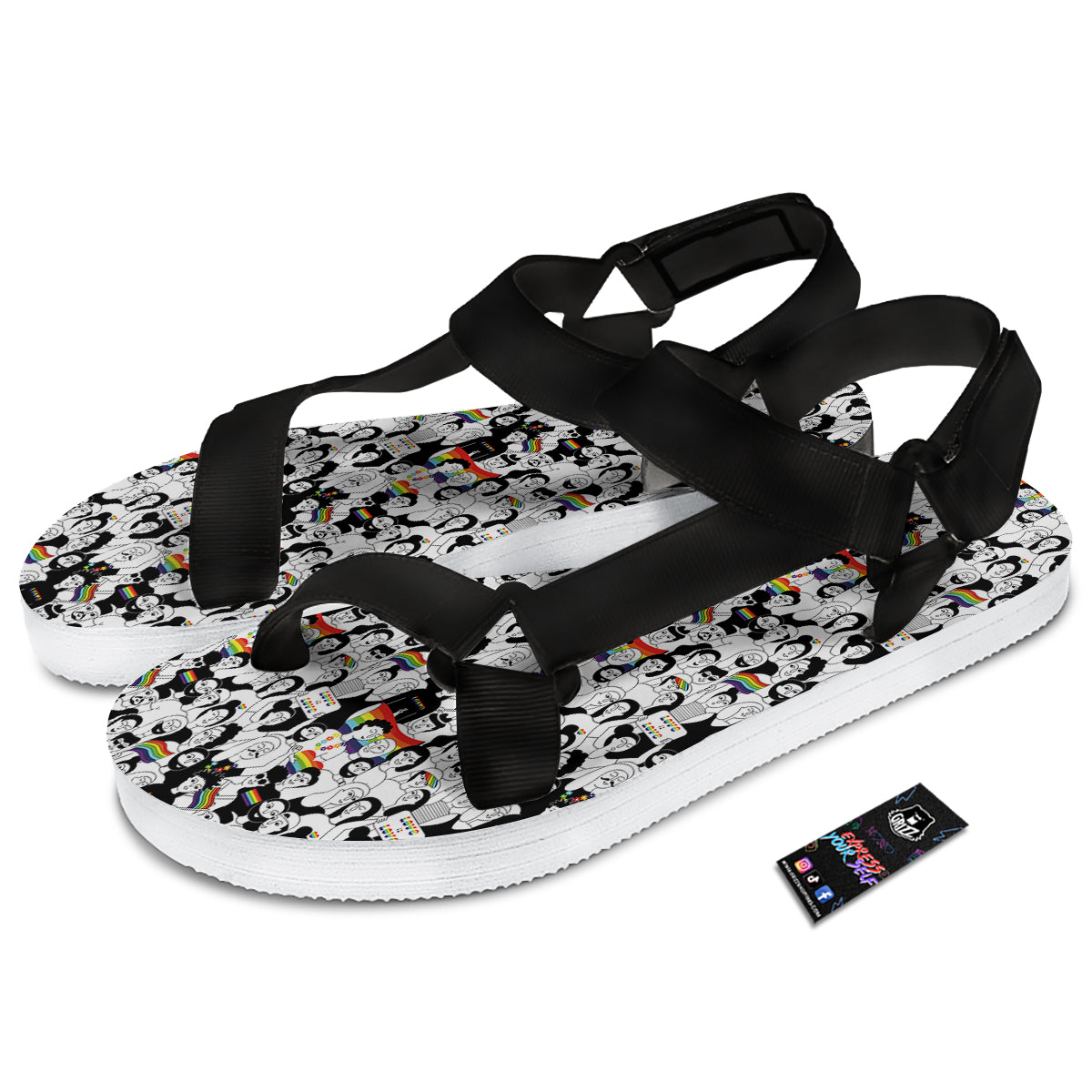 LGBT Doodle Pride Parade Print Pattern Black Open Toe Sandals-grizzshop