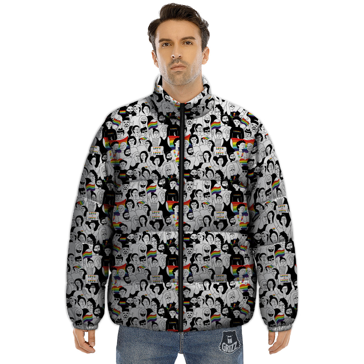 LGBT Doodle Pride Parade Print Pattern Puffer Jacket-grizzshop