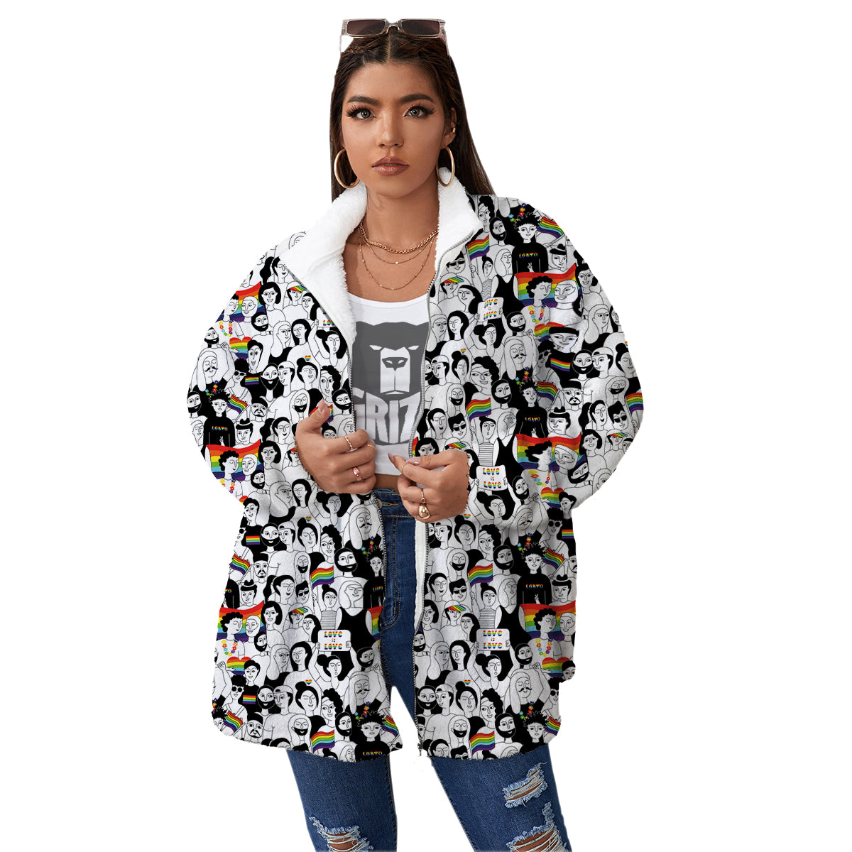 LGBT Doodle Pride Parade Print Pattern Women's Sherpa Jacket-grizzshop