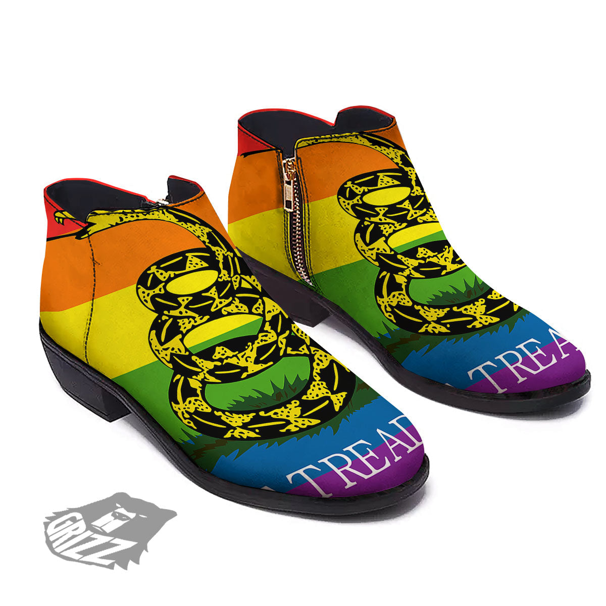 LGBT Gadsden Rainbow Flag Print Ankle Boots-grizzshop