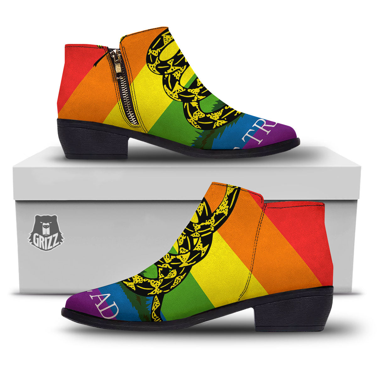 LGBT Gadsden Rainbow Flag Print Ankle Boots-grizzshop