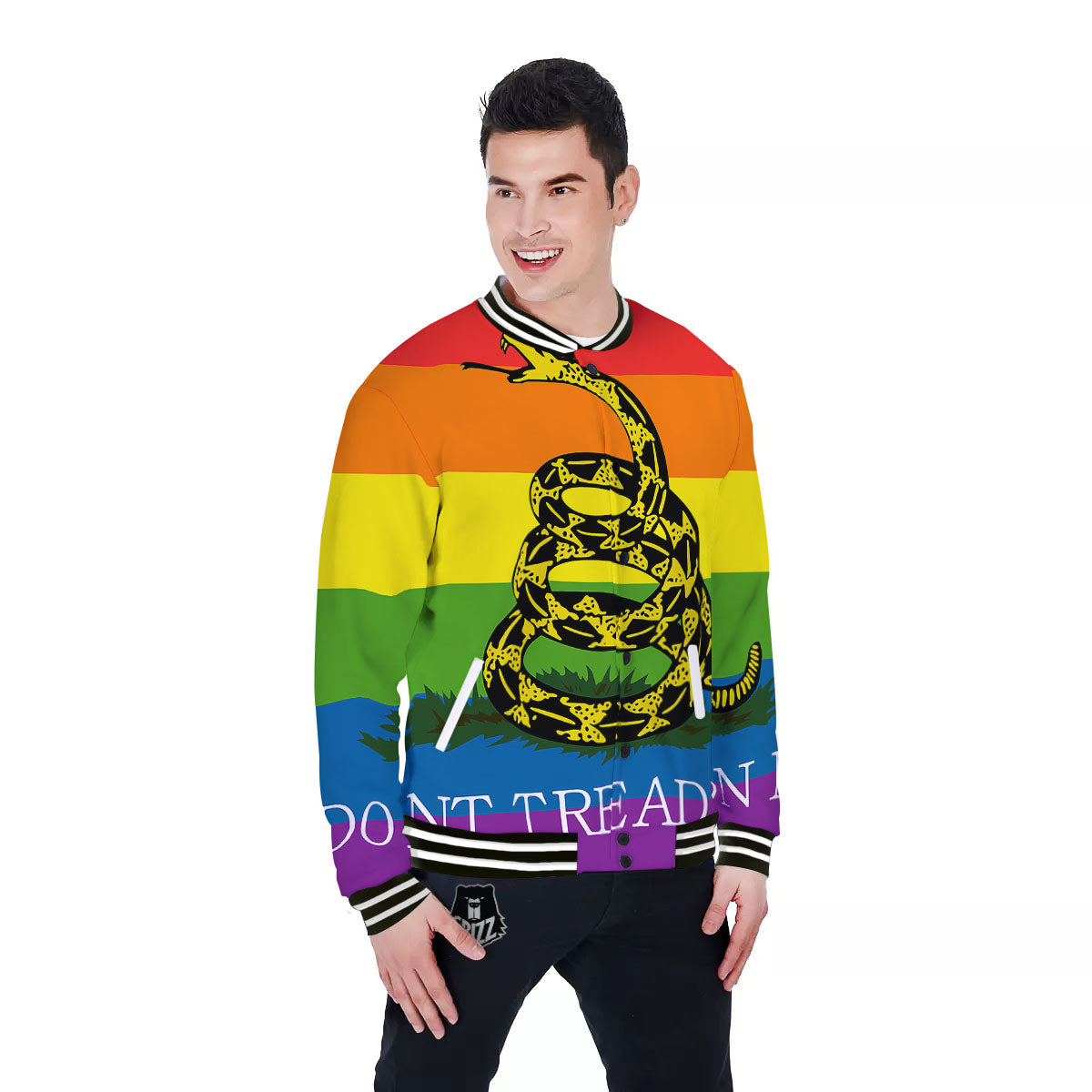 LGBT Gadsden Rainbow Flag Print Baseball Jacket-grizzshop