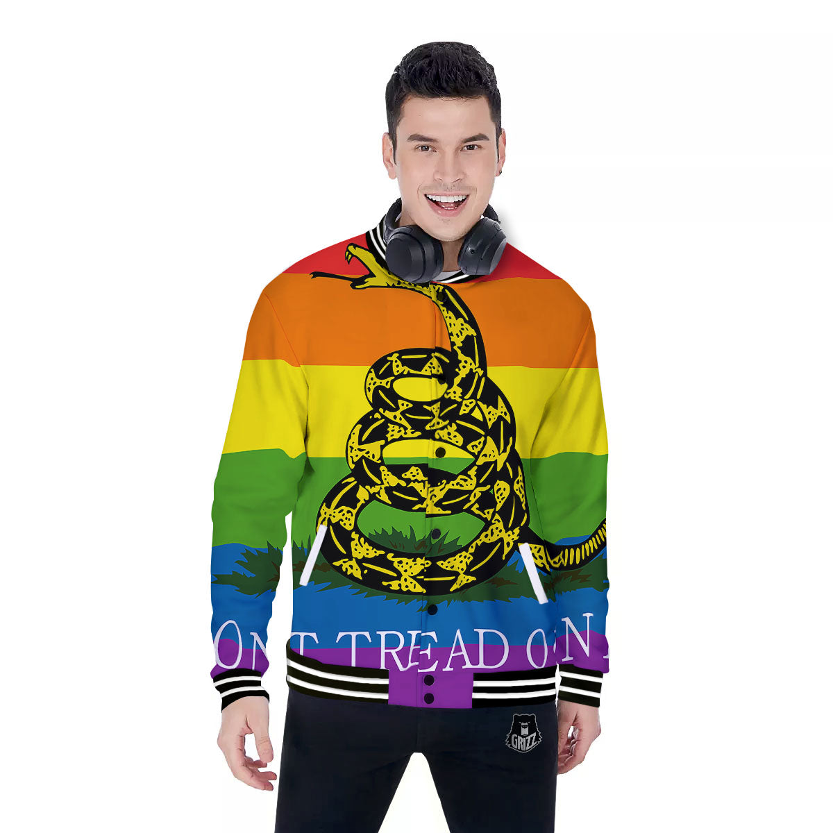 LGBT Gadsden Rainbow Flag Print Baseball Jacket-grizzshop