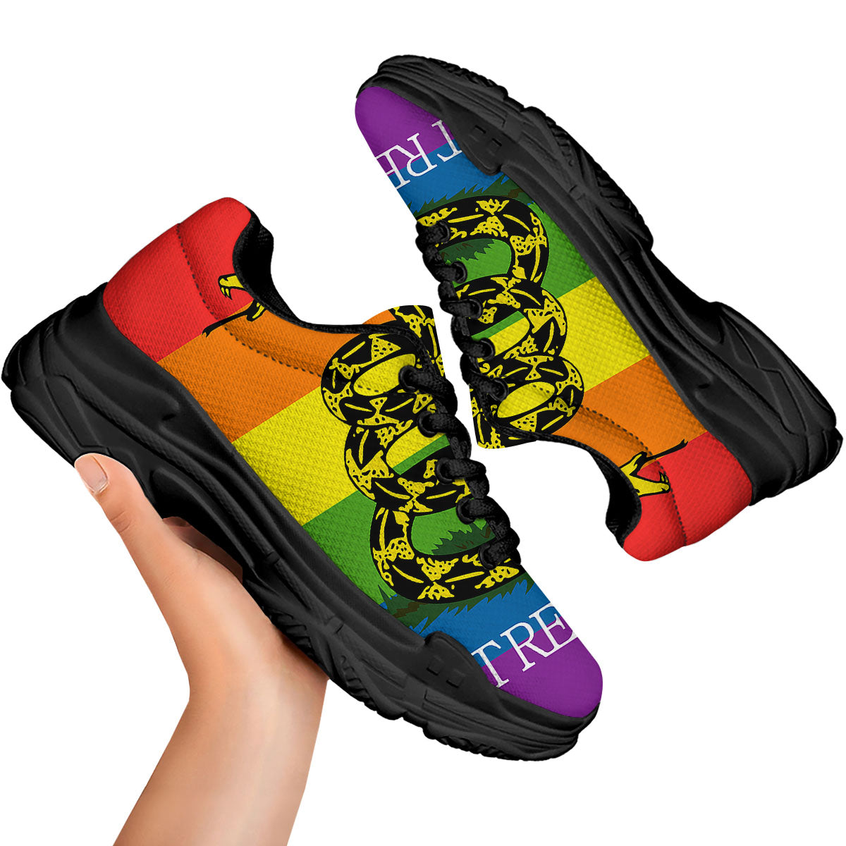 LGBT Gadsden Rainbow Flag Print Black Chunky Shoes-grizzshop