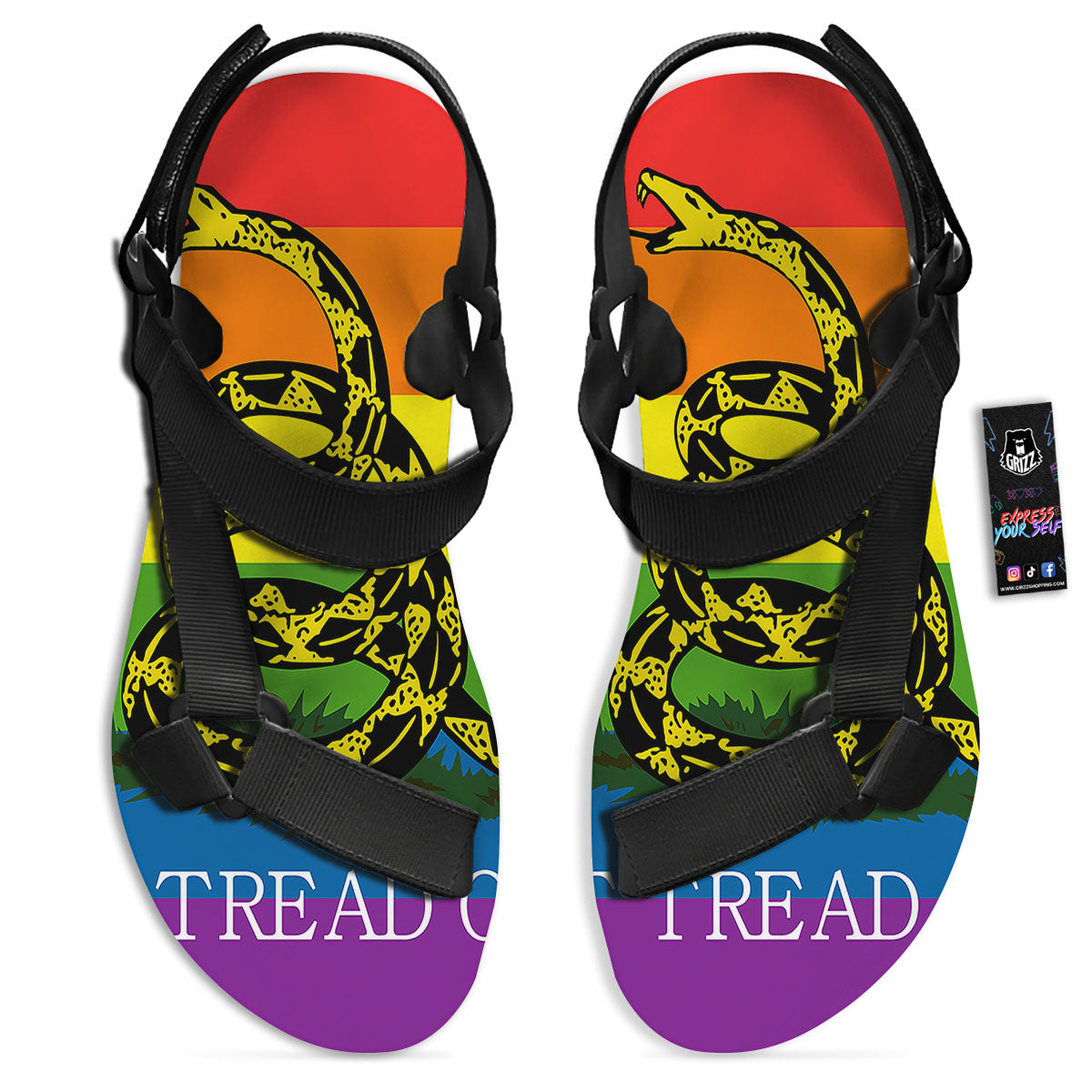 LGBT Gadsden Rainbow Flag Print Black Open Toe Sandals-grizzshop