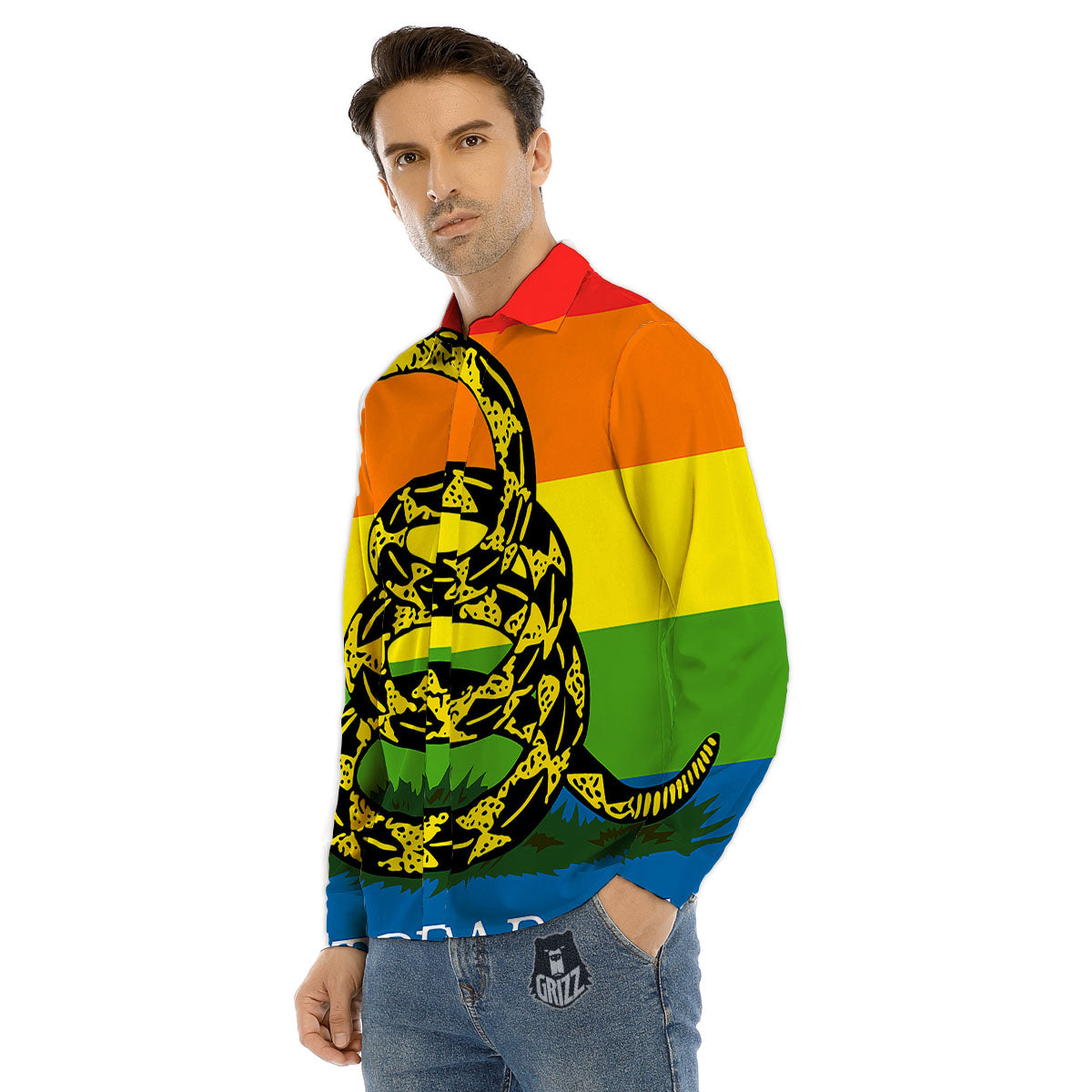 LGBT Gadsden Rainbow Flag Print Men's Dress Shirts-grizzshop