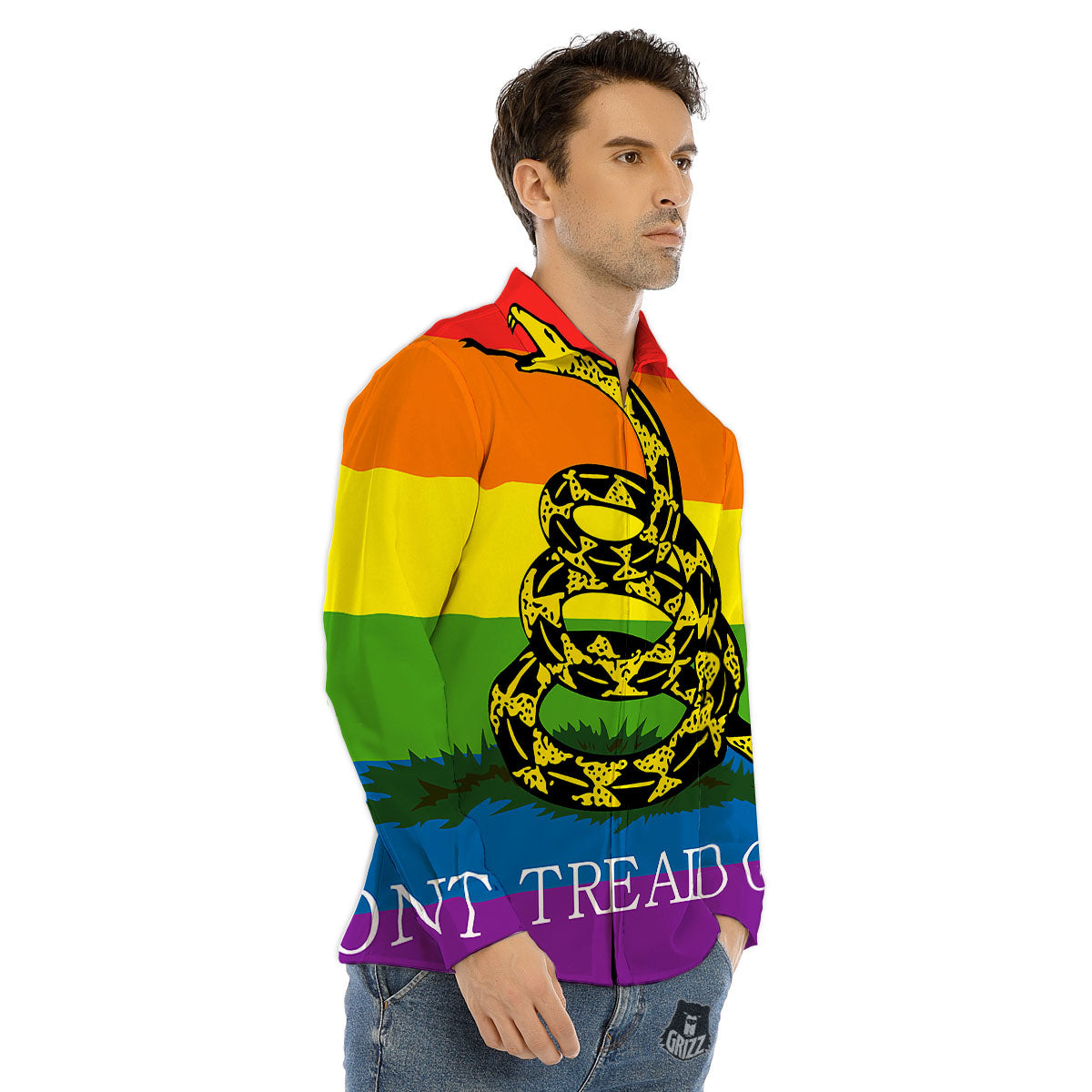 LGBT Gadsden Rainbow Flag Print Men's Dress Shirts-grizzshop