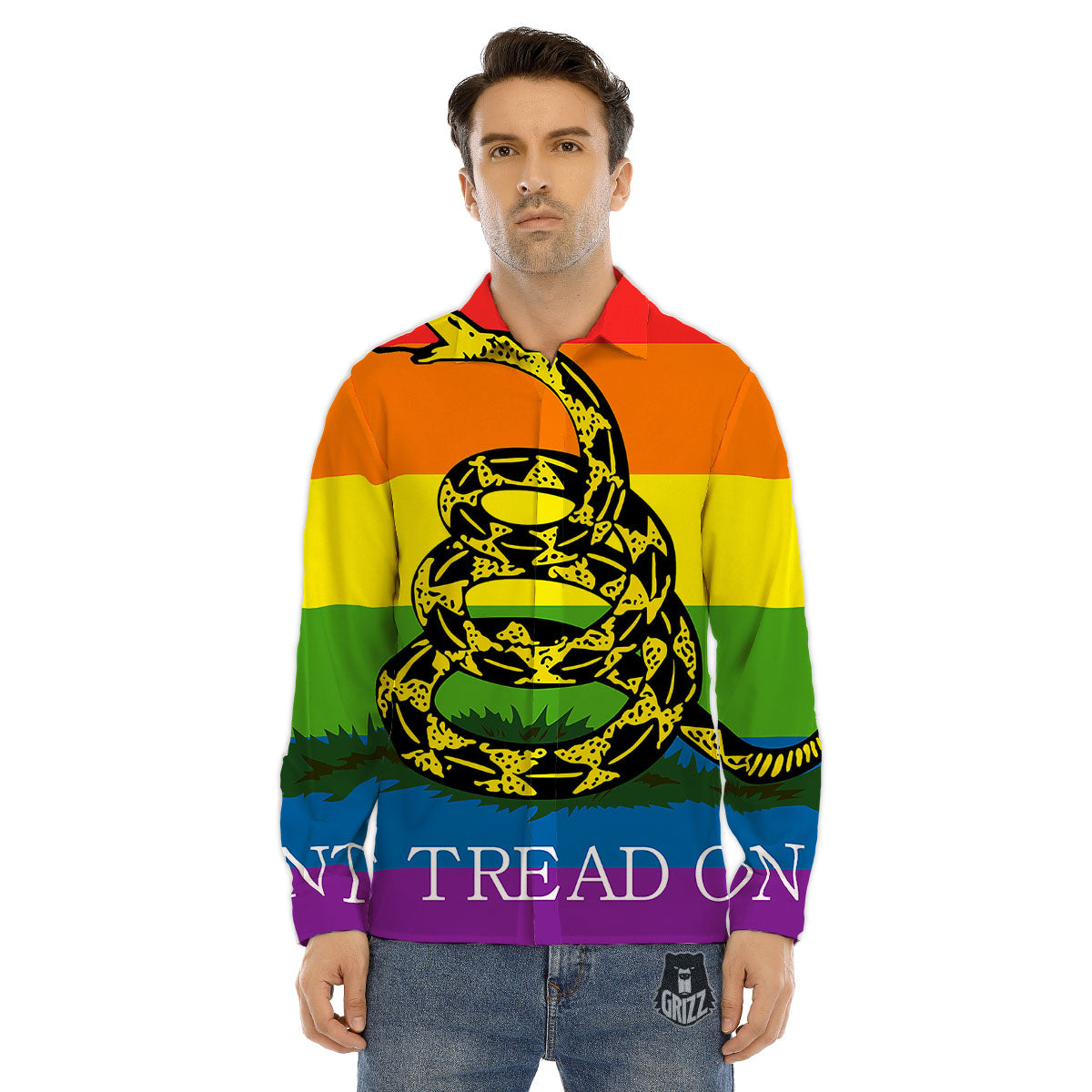 LGBT Gadsden Rainbow Flag Print Men's Dress Shirts-grizzshop