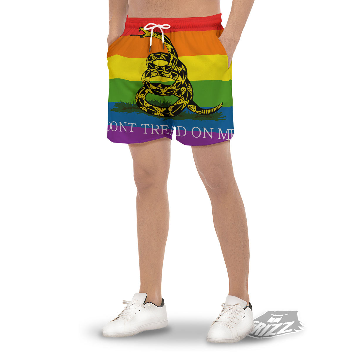 LGBT Gadsden Rainbow Flag Print Men's Gym Shorts-grizzshop