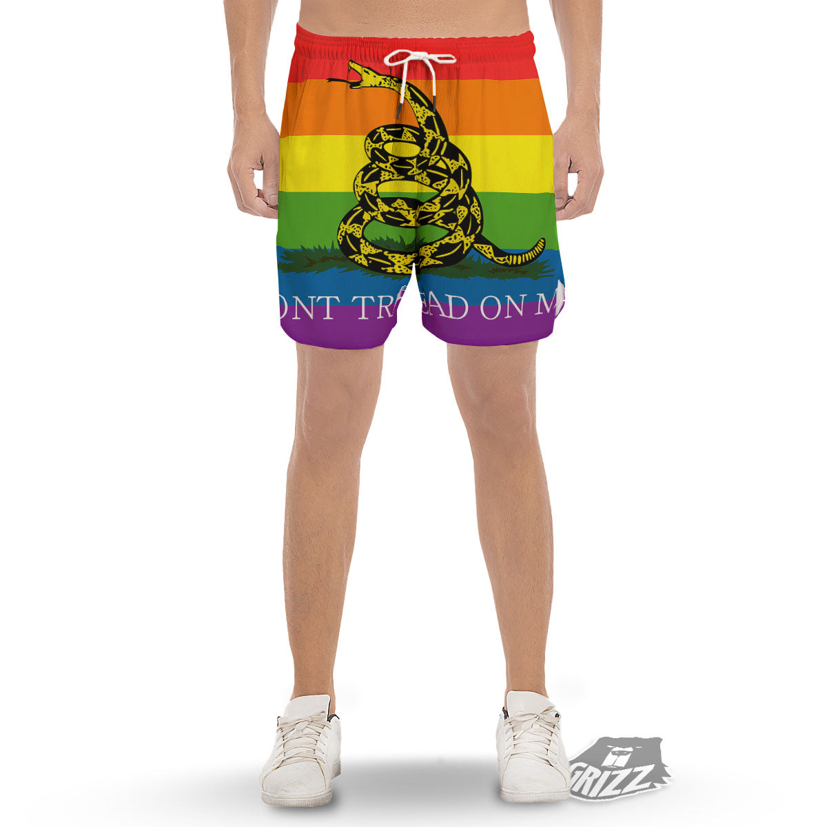 LGBT Gadsden Rainbow Flag Print Men's Gym Shorts-grizzshop