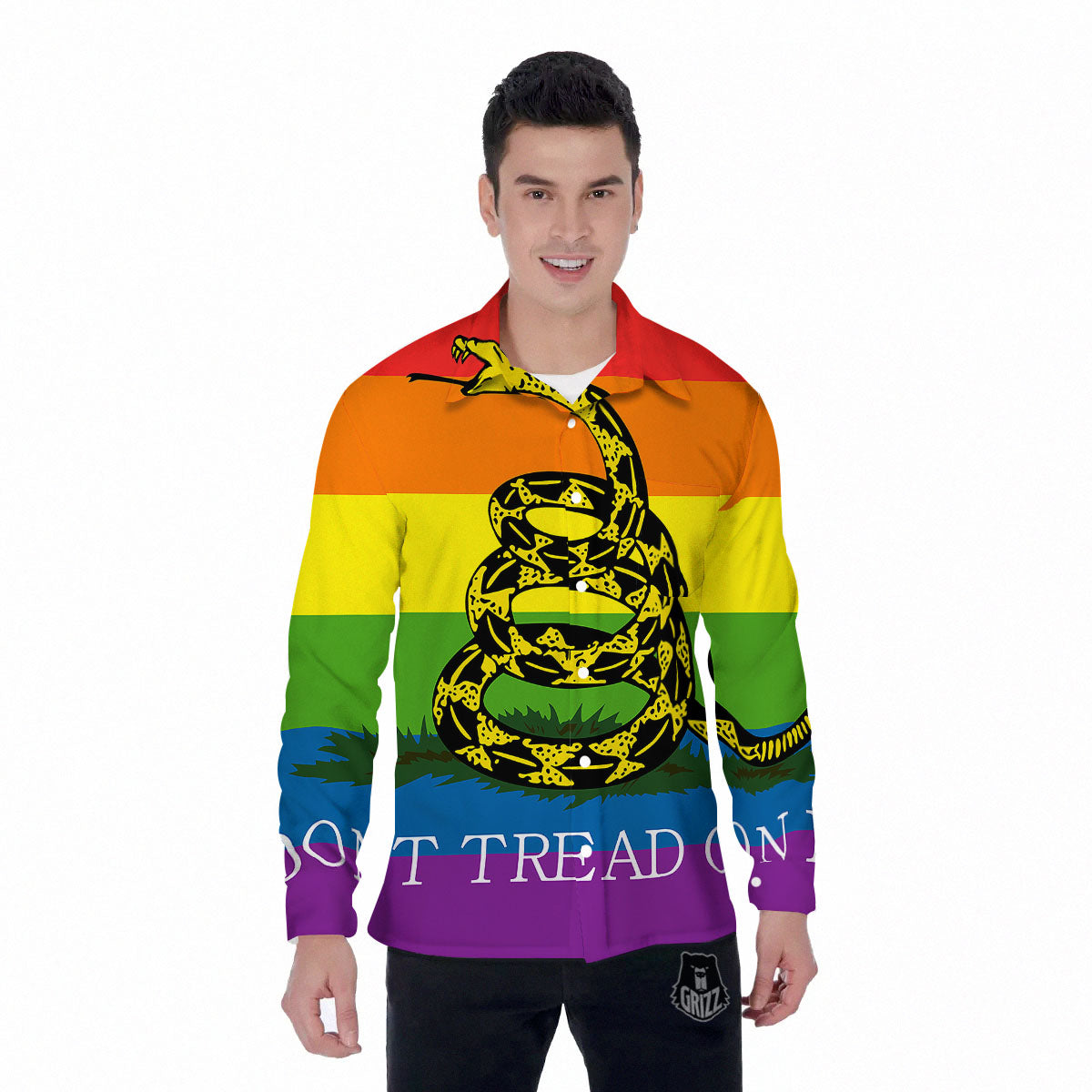 LGBT Gadsden Rainbow Flag Print Men's Long Sleeve Shirts-grizzshop