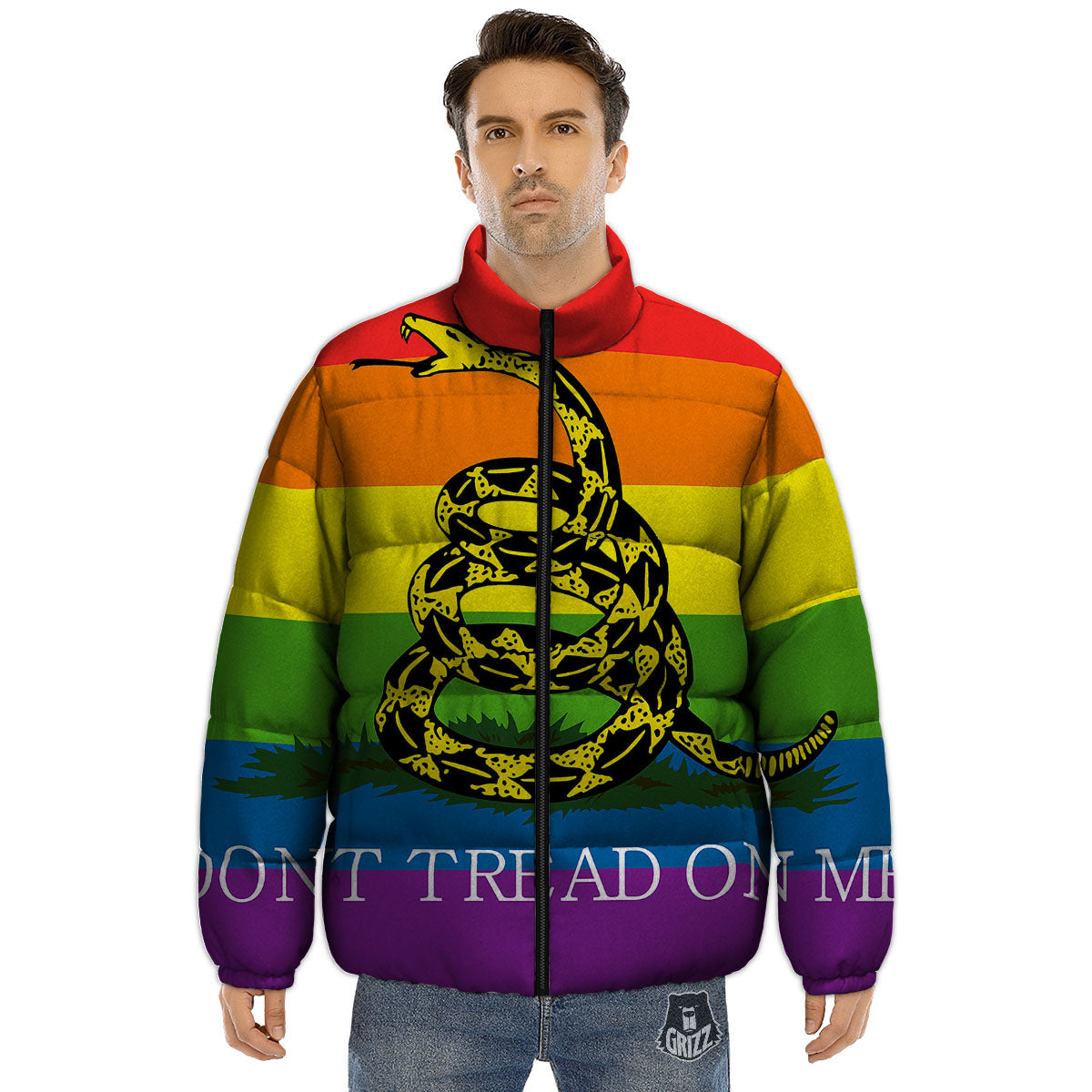 LGBT Gadsden Rainbow Flag Print Puffer Jacket-grizzshop