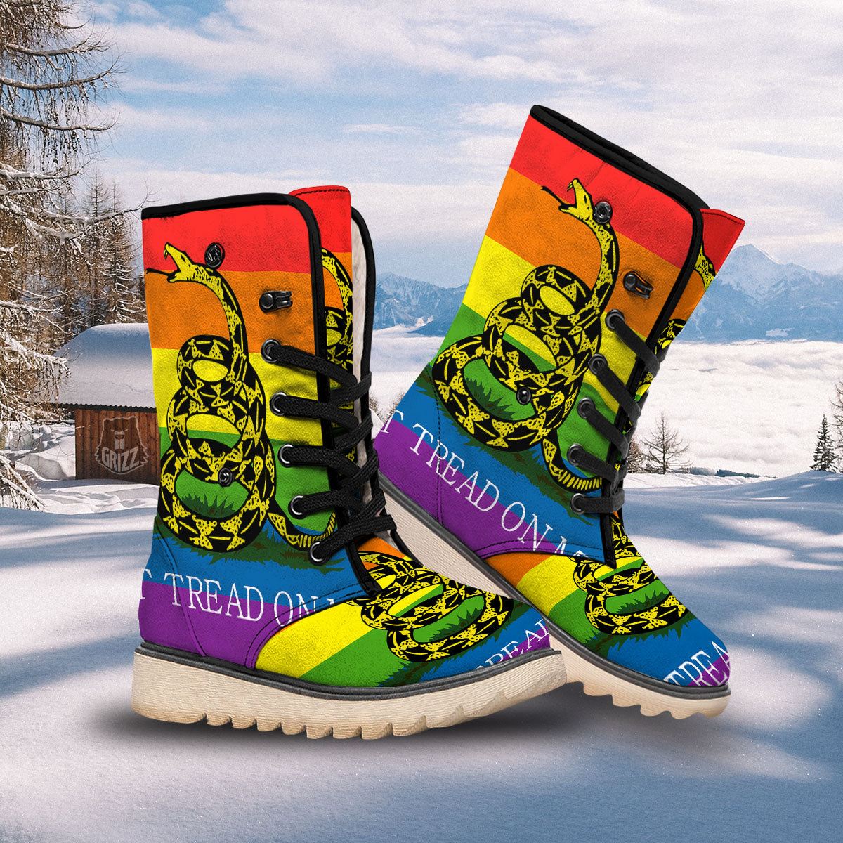 LGBT Gadsden Rainbow Flag Print Snow Boots-grizzshop