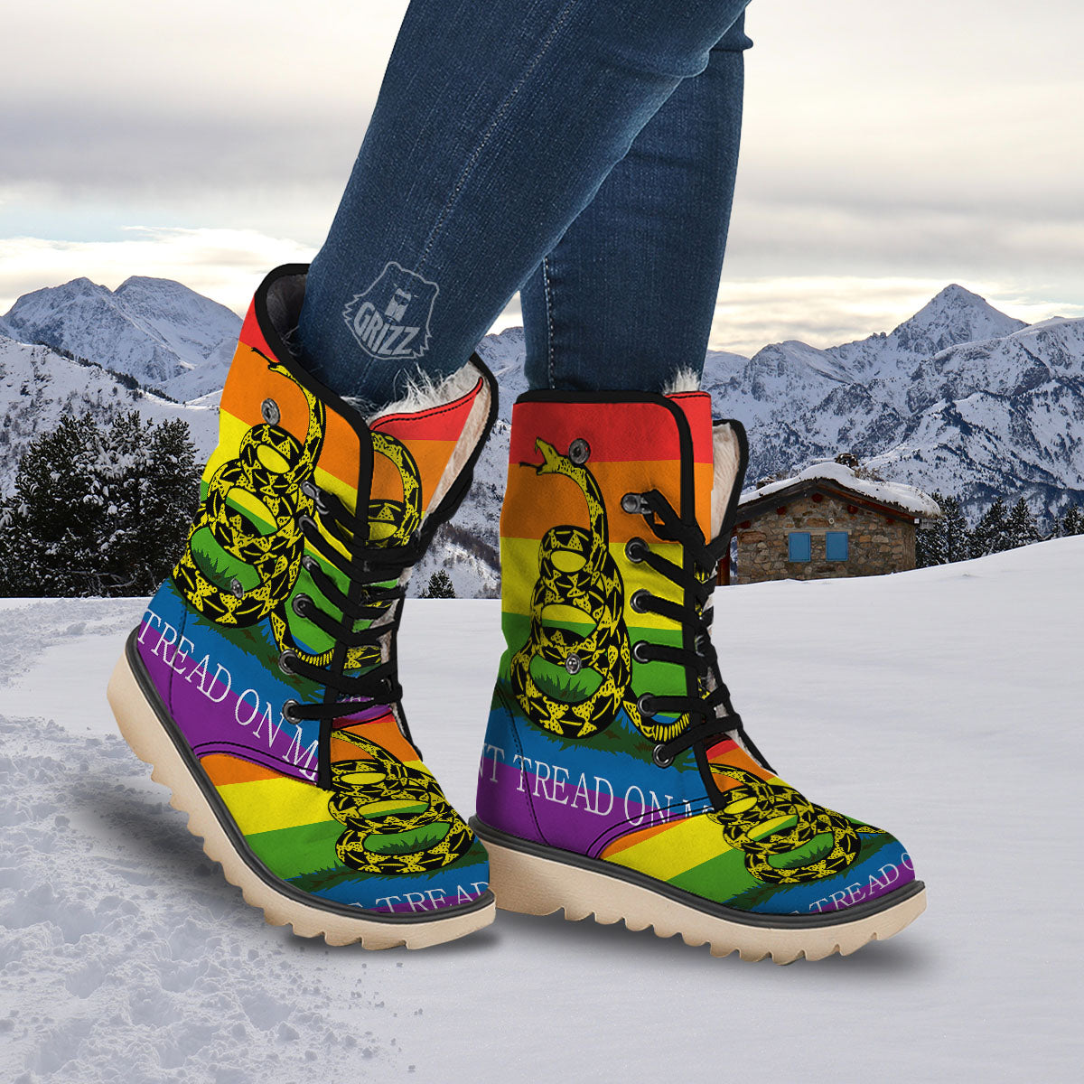 LGBT Gadsden Rainbow Flag Print Snow Boots-grizzshop