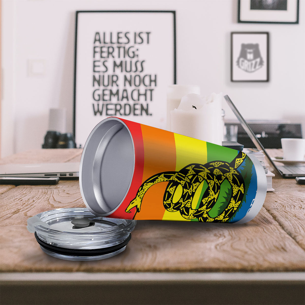 LGBT Gadsden Rainbow Flag Print Tumbler-grizzshop