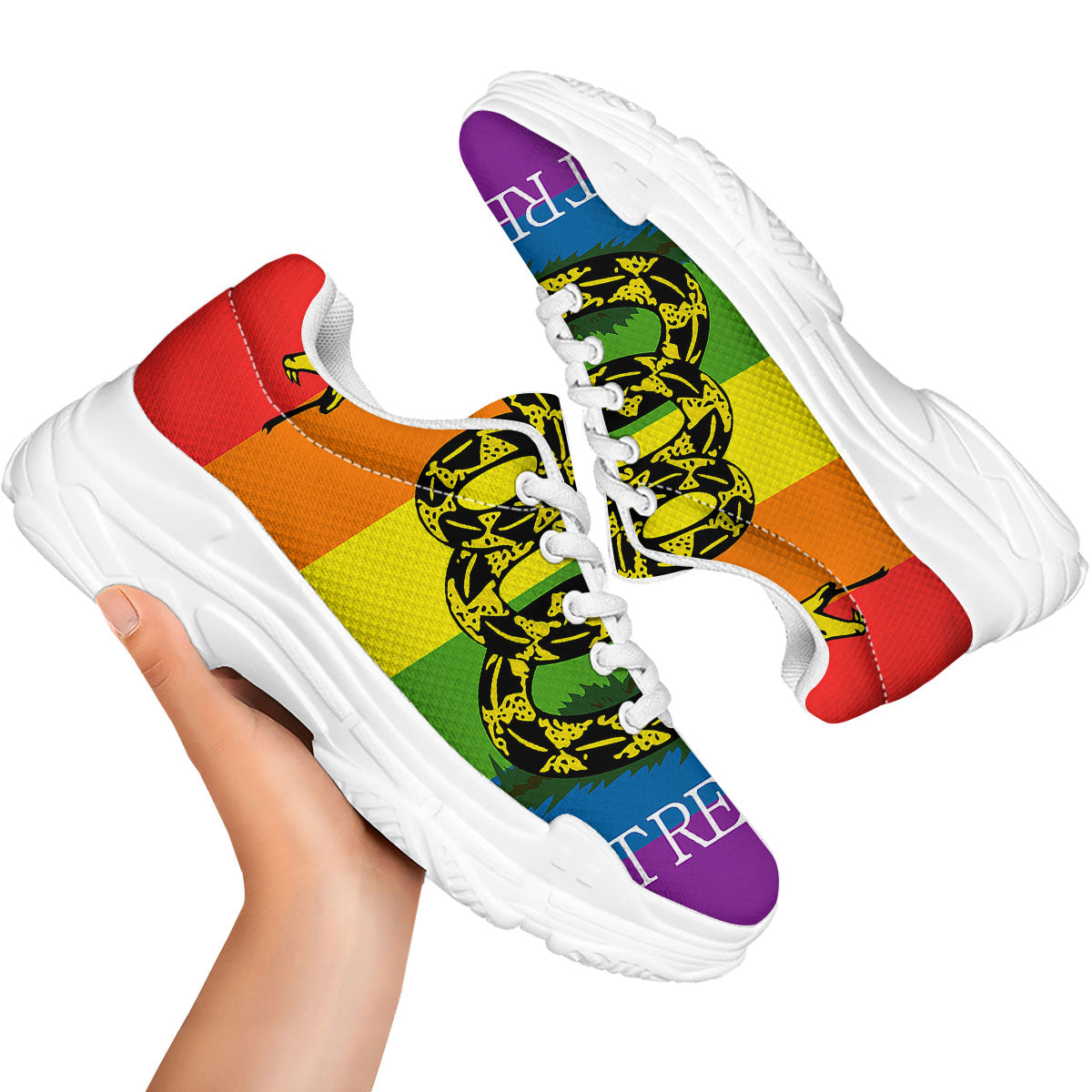 LGBT Gadsden Rainbow Flag Print White Chunky Shoes-grizzshop