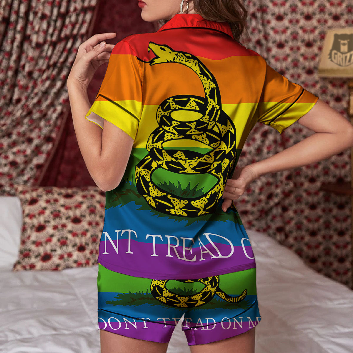LGBT Gadsden Rainbow Flag Print Women Silk Pajamas-grizzshop