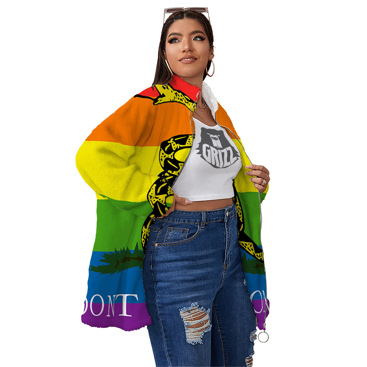 LGBT Gadsden Rainbow Flag Print Women's Sherpa Jacket-grizzshop