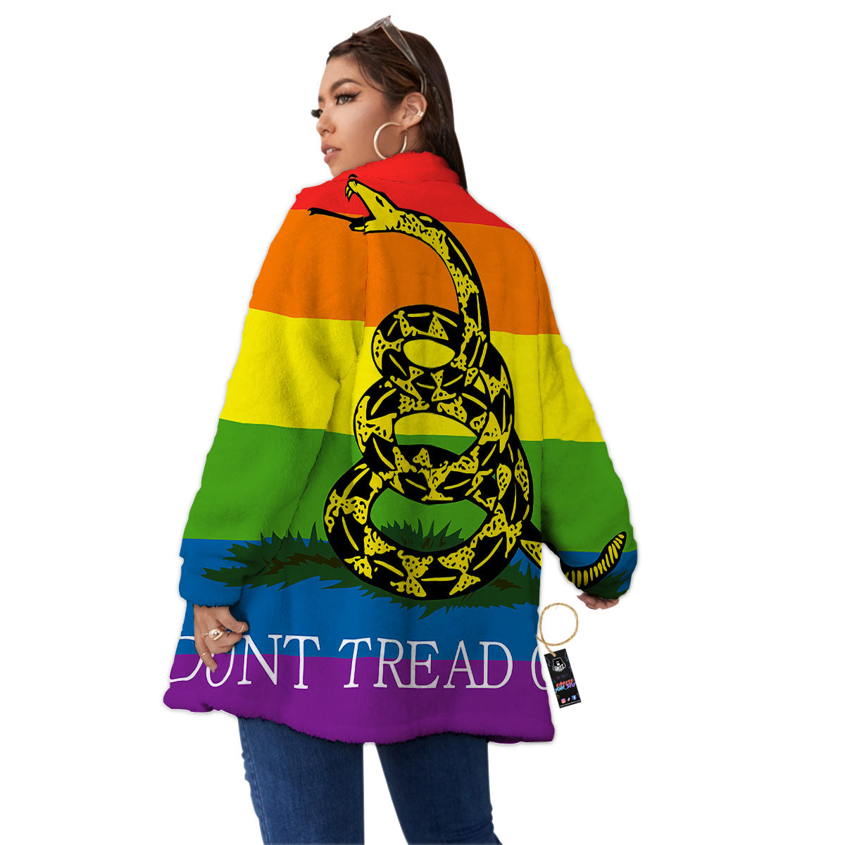 LGBT Gadsden Rainbow Flag Print Women's Sherpa Jacket-grizzshop