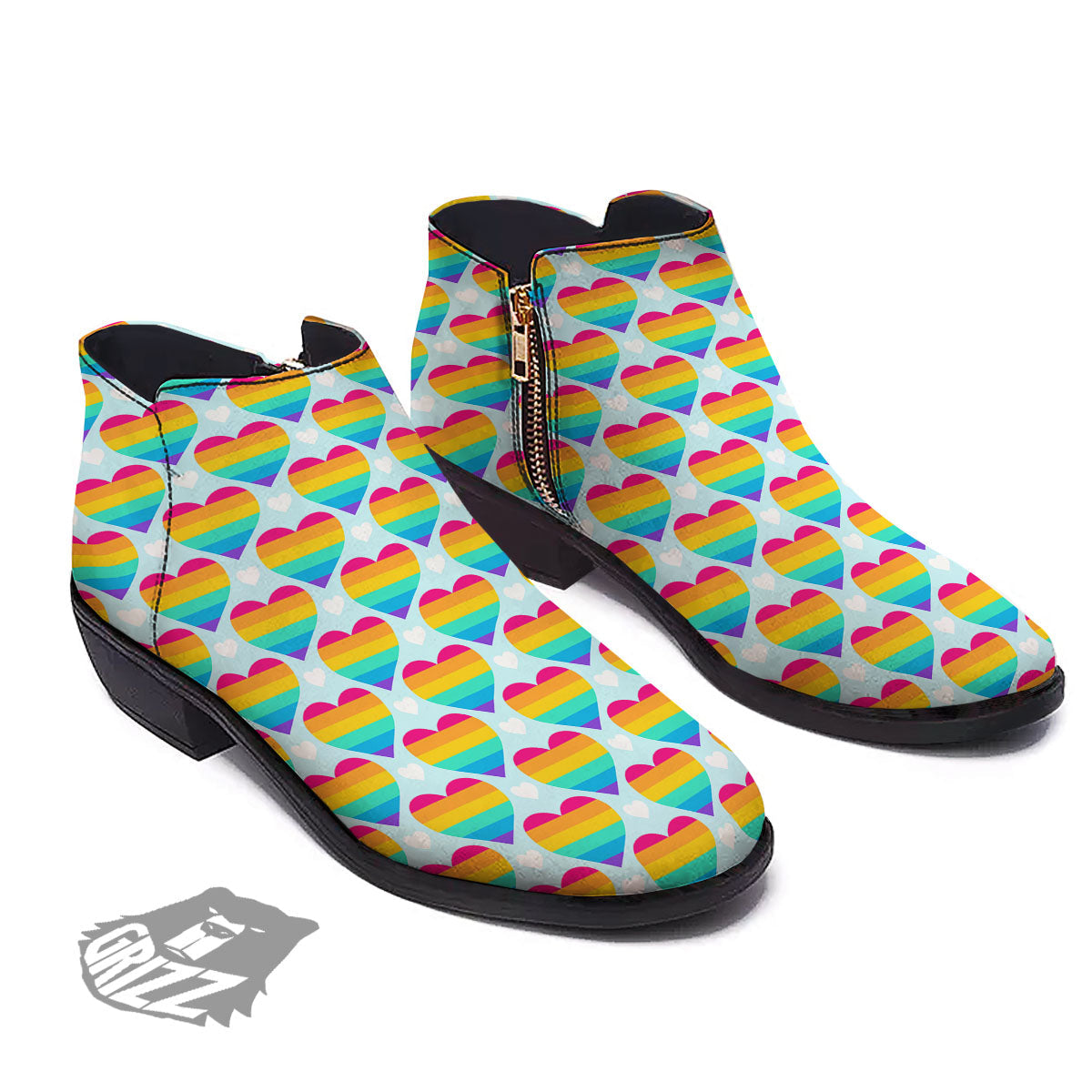 LGBT Heart Rainbow Print Pattern Ankle Boots-grizzshop