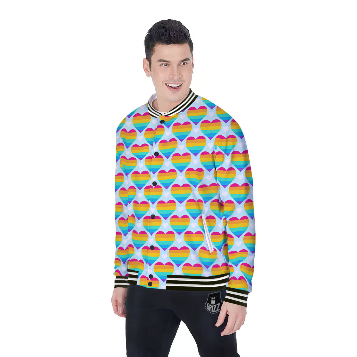 LGBT Heart Rainbow Print Pattern Baseball Jacket-grizzshop