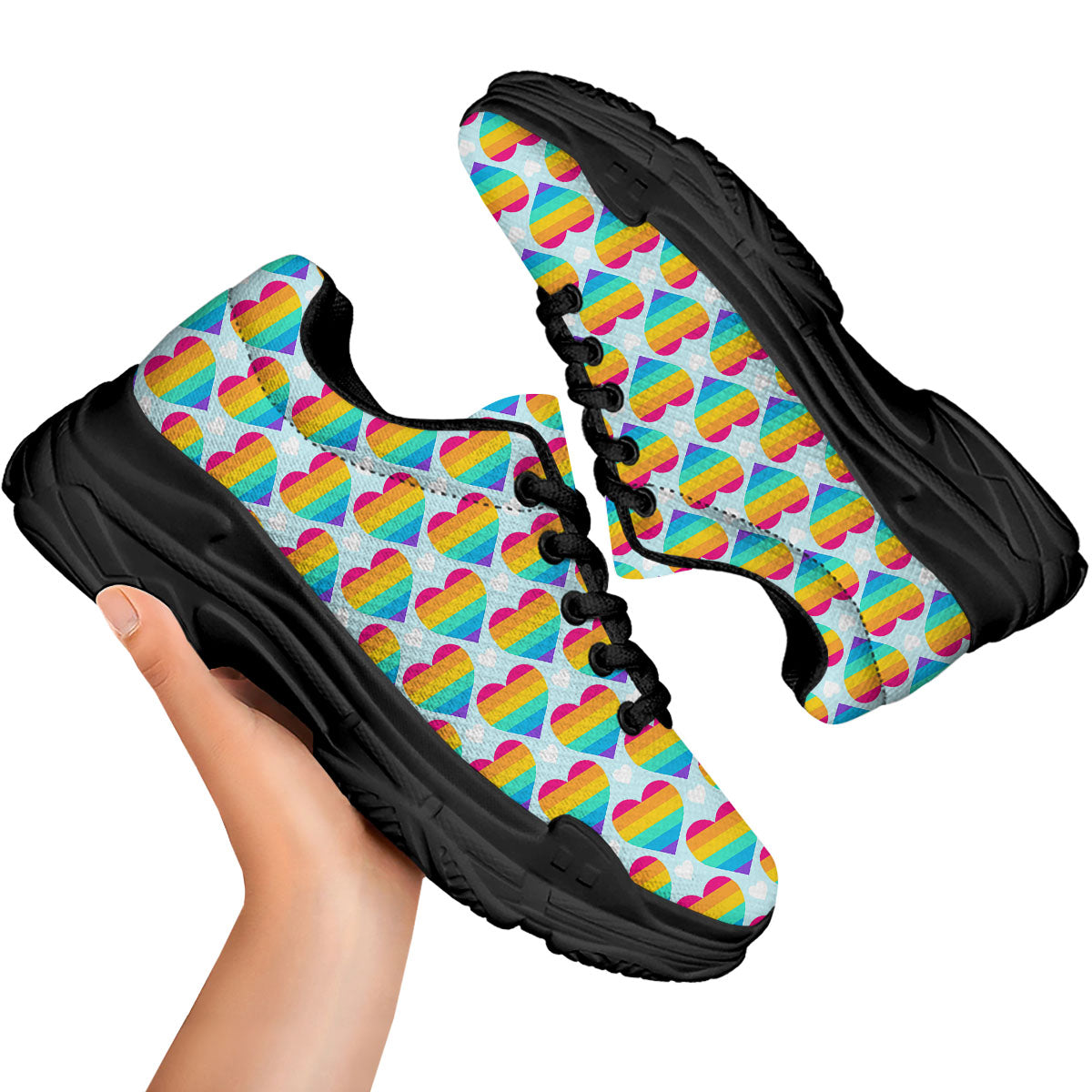 LGBT Heart Rainbow Print Pattern Black Chunky Shoes-grizzshop