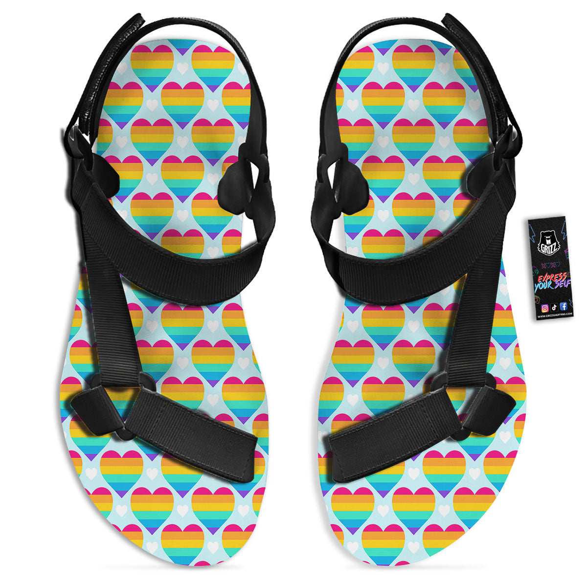 LGBT Heart Rainbow Print Pattern Black Open Toe Sandals-grizzshop