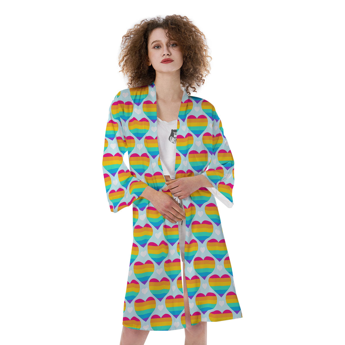 LGBT Heart Rainbow Print Pattern Kimono-grizzshop