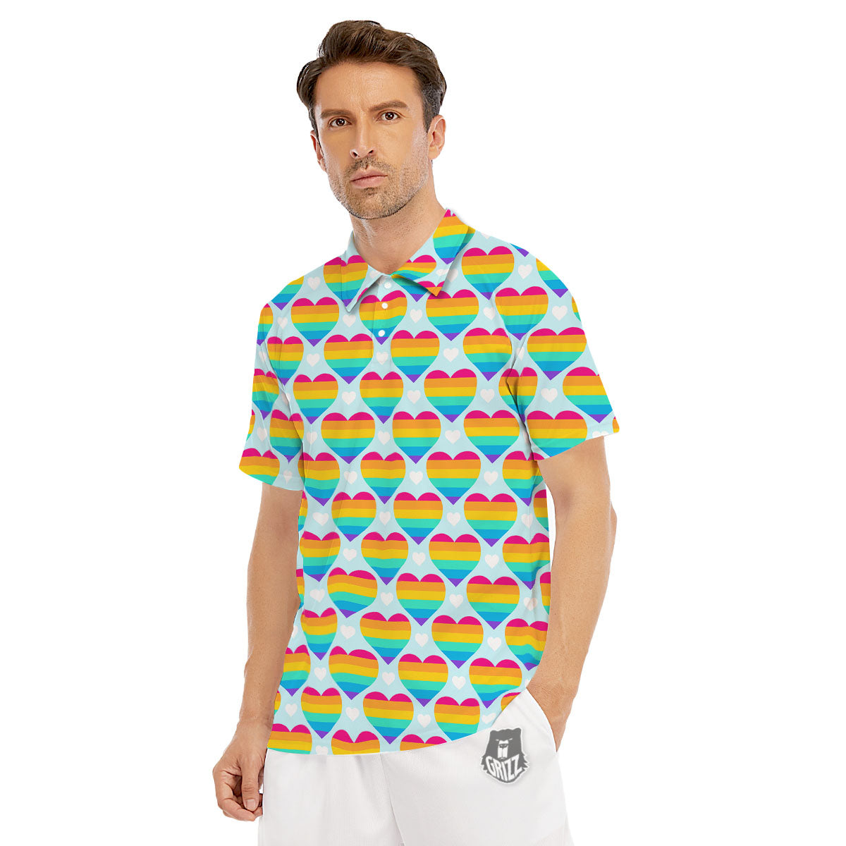 LGBT Heart Rainbow Print Pattern Men's Golf Shirts-grizzshop