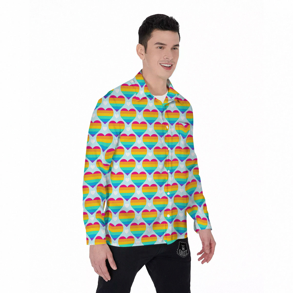 LGBT Heart Rainbow Print Pattern Men's Long Sleeve Shirts-grizzshop