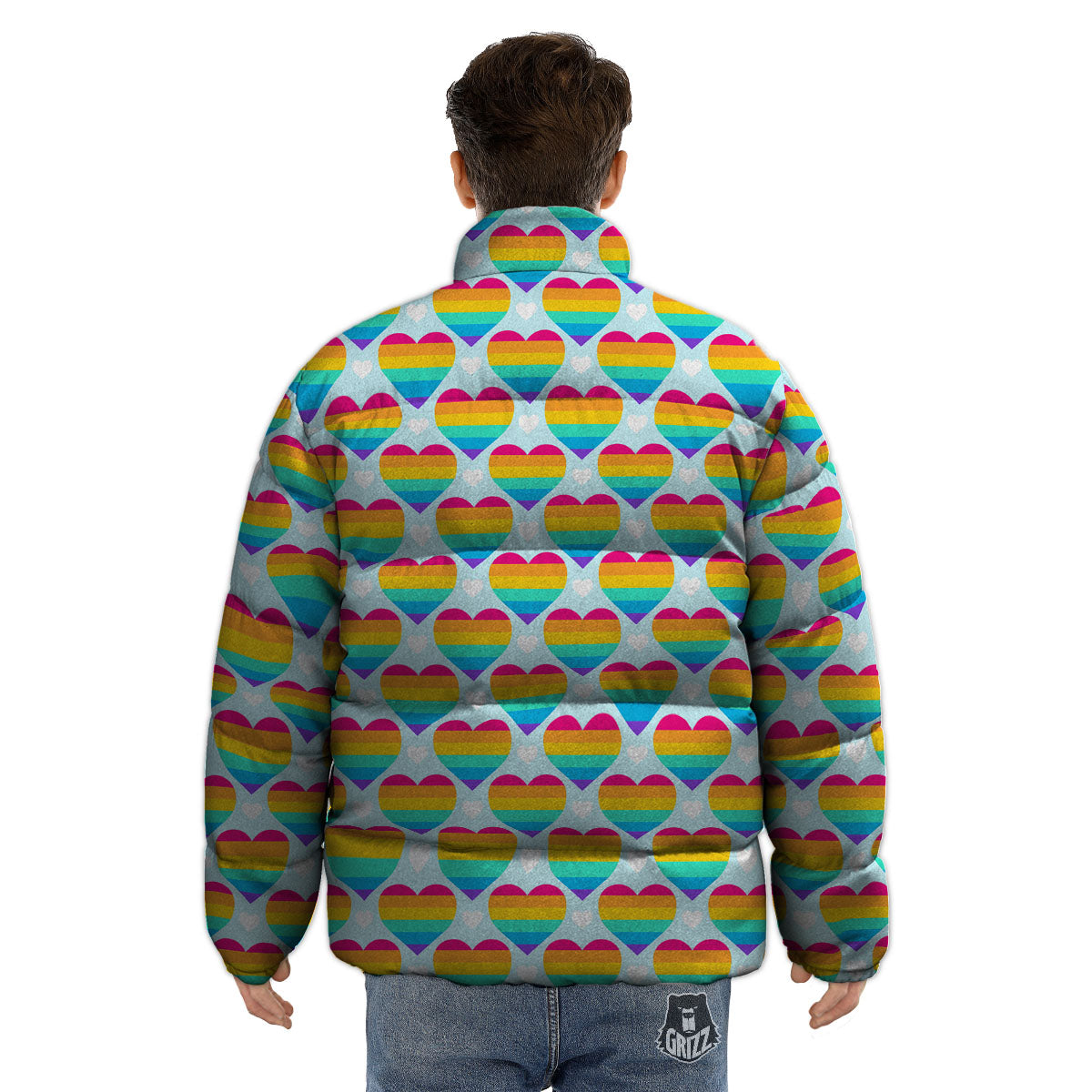 LGBT Heart Rainbow Print Pattern Puffer Jacket-grizzshop