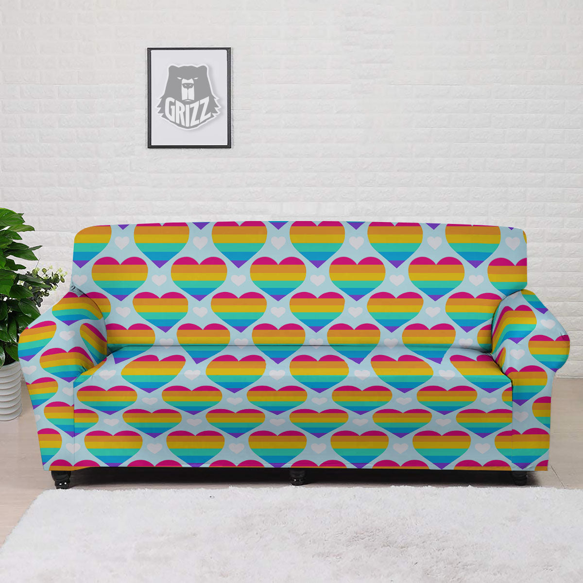 LGBT Heart Rainbow Print Pattern Sofa Cover-grizzshop