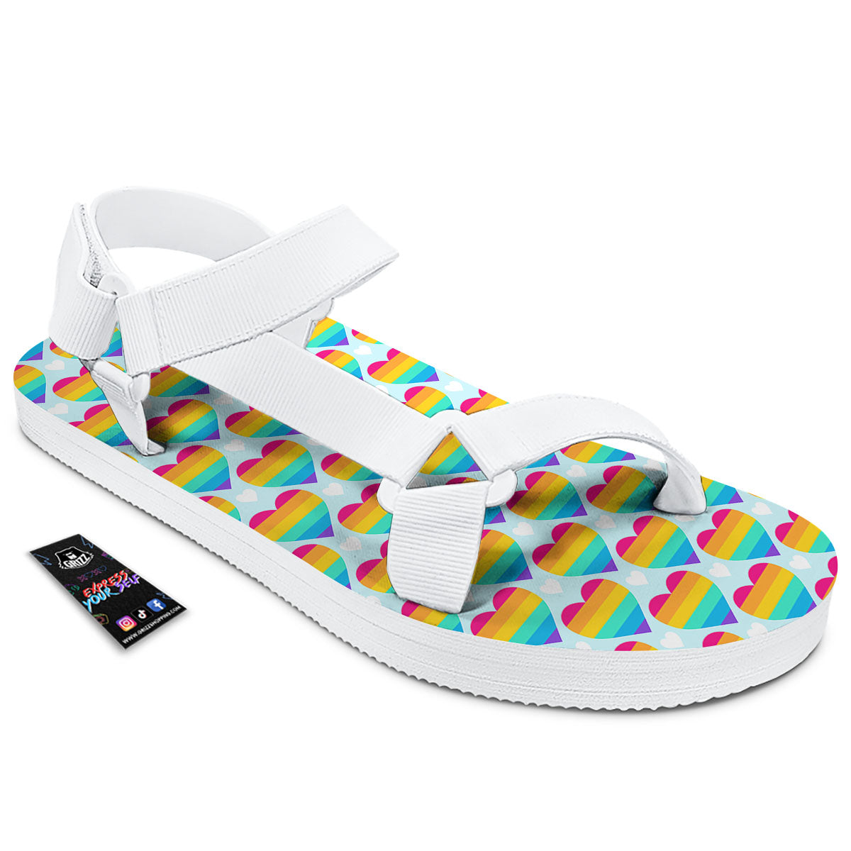 LGBT Heart Rainbow Print Pattern White Open Toe Sandals-grizzshop