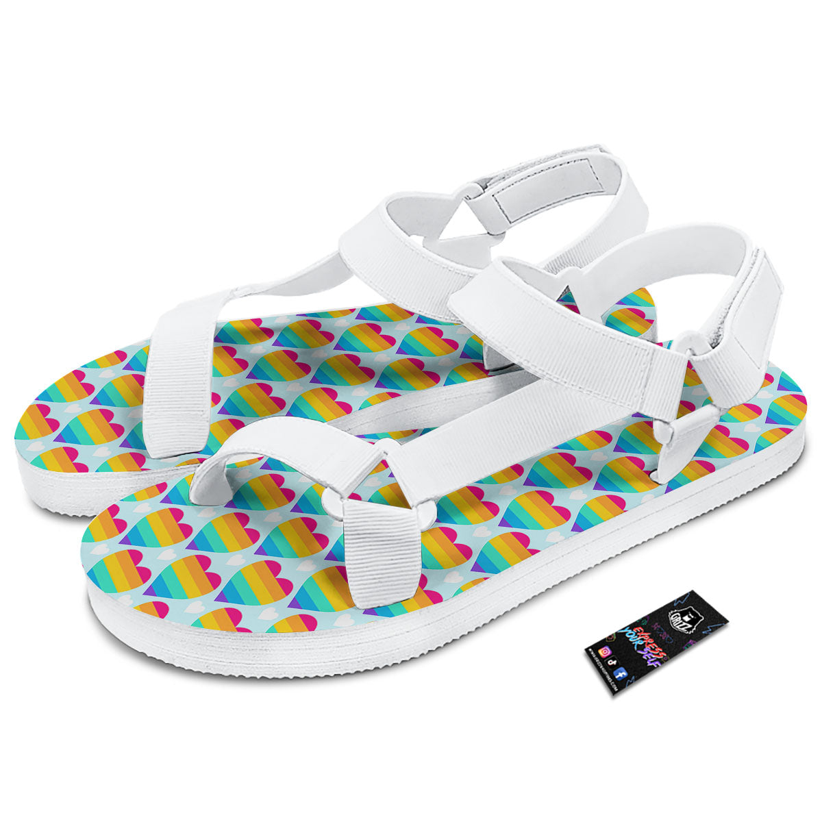 LGBT Heart Rainbow Print Pattern White Open Toe Sandals-grizzshop