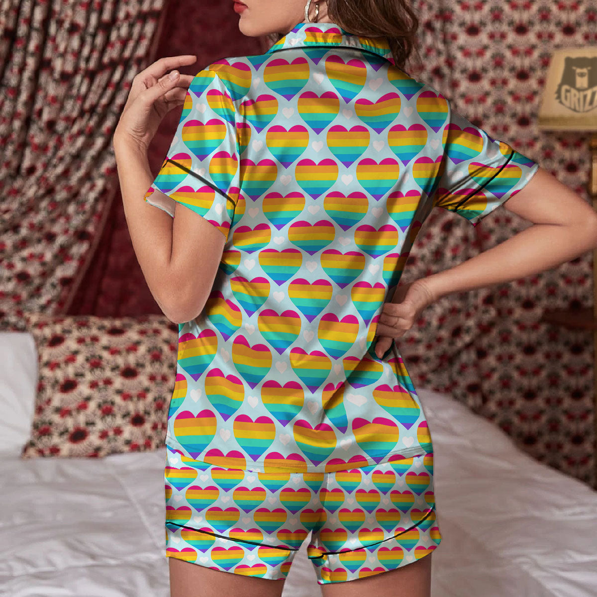 LGBT Heart Rainbow Print Pattern Women Silk Pajamas-grizzshop