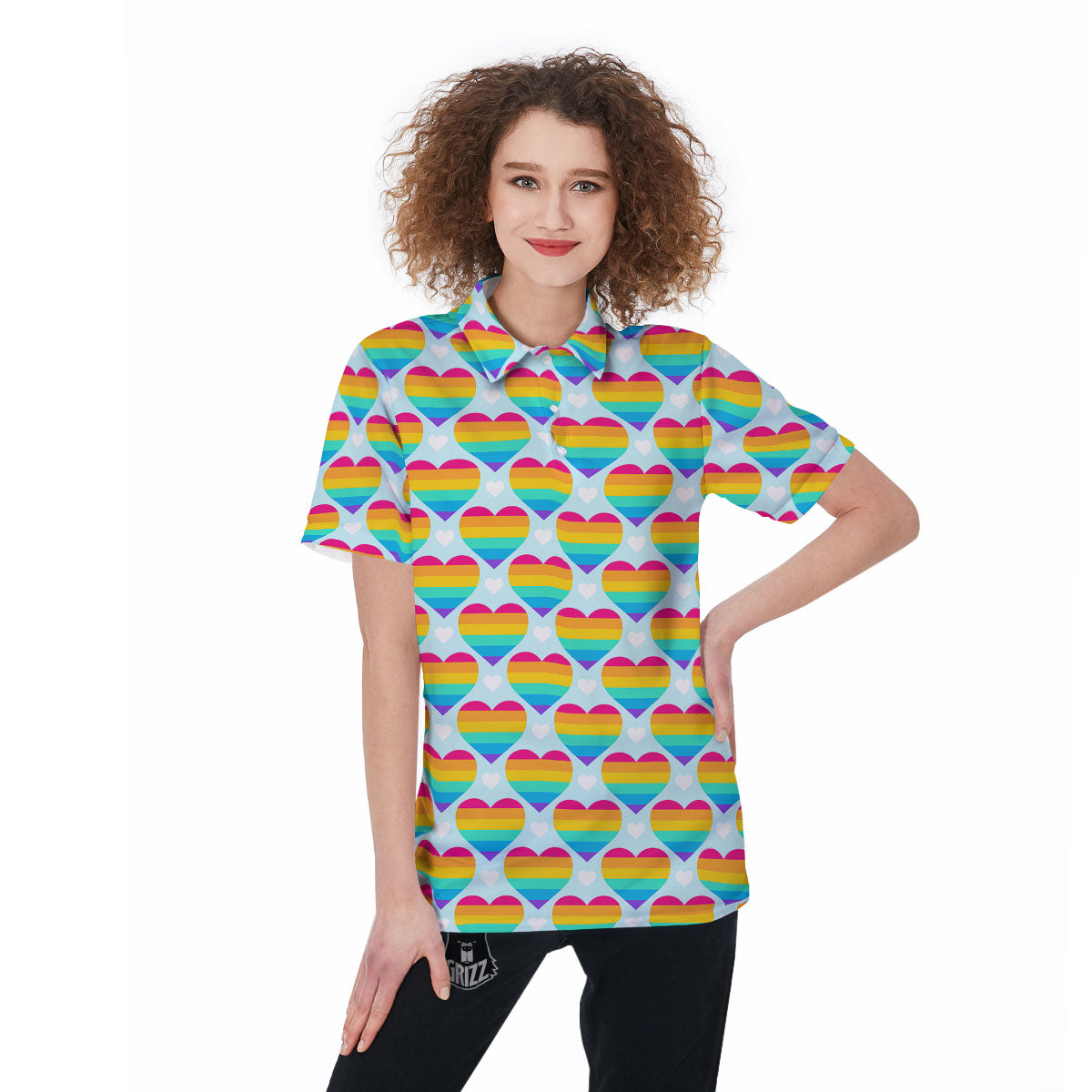 LGBT Heart Rainbow Print Pattern Women's Golf Shirts-grizzshop