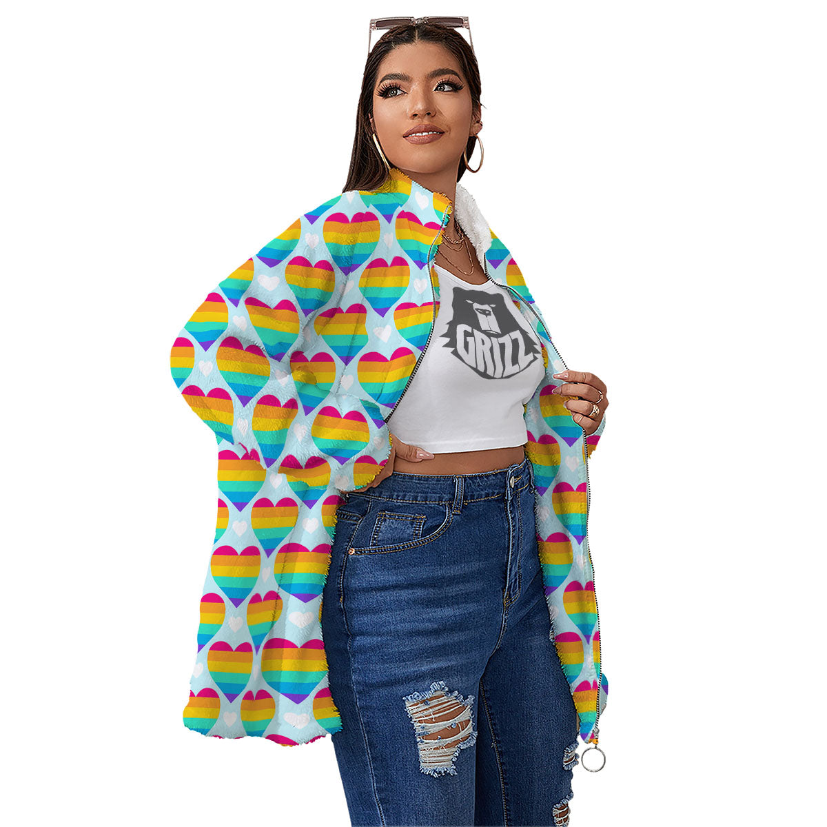 LGBT Heart Rainbow Print Pattern Women's Sherpa Jacket-grizzshop